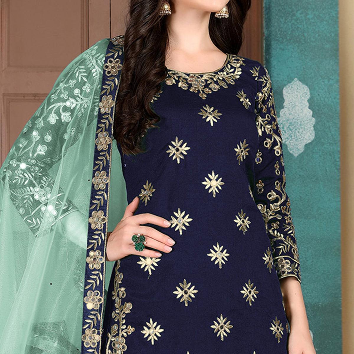 Flamboyant Blue Colored Designer Partywear Embroidered Heavy Art Silk Patiala Suit - Peachmode
