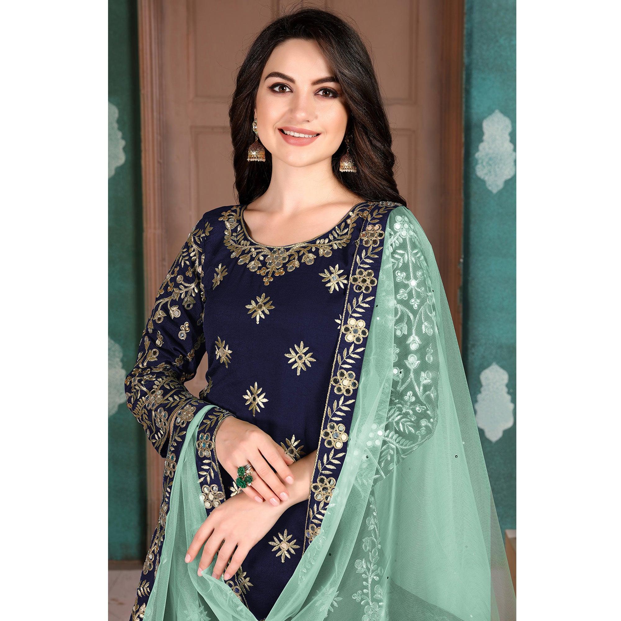 Flamboyant Blue Colored Designer Partywear Embroidered Heavy Art Silk Patiala Suit - Peachmode