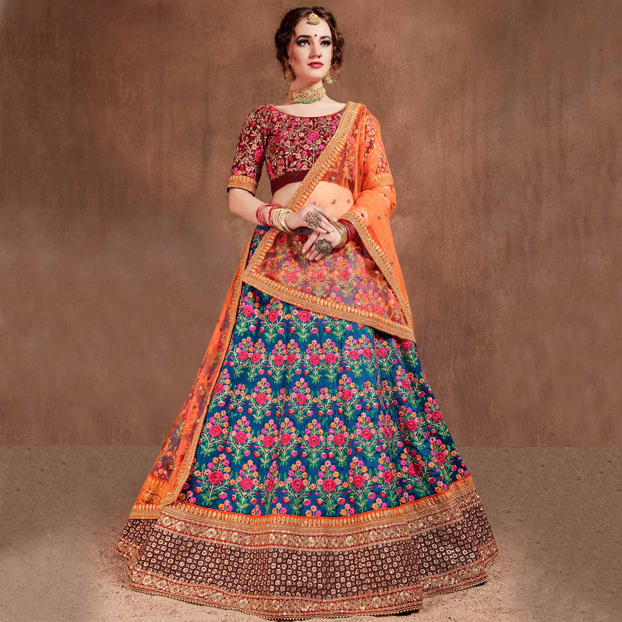 Flamboyant Blue-Red Colored Partywear Embroidered Mulberry Silk Lehenga Choli - Peachmode