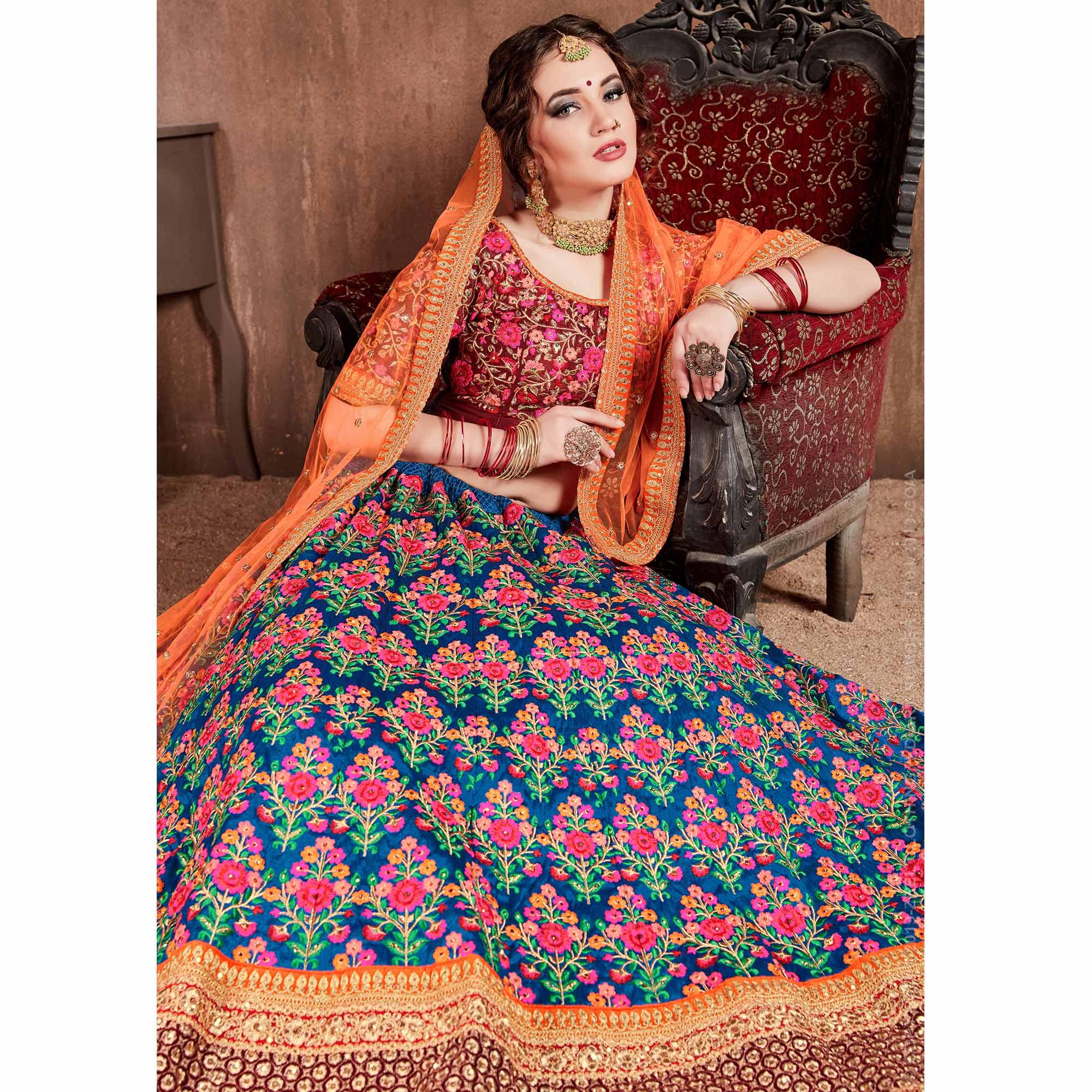 Flamboyant Blue-Red Colored Partywear Embroidered Mulberry Silk Lehenga Choli - Peachmode
