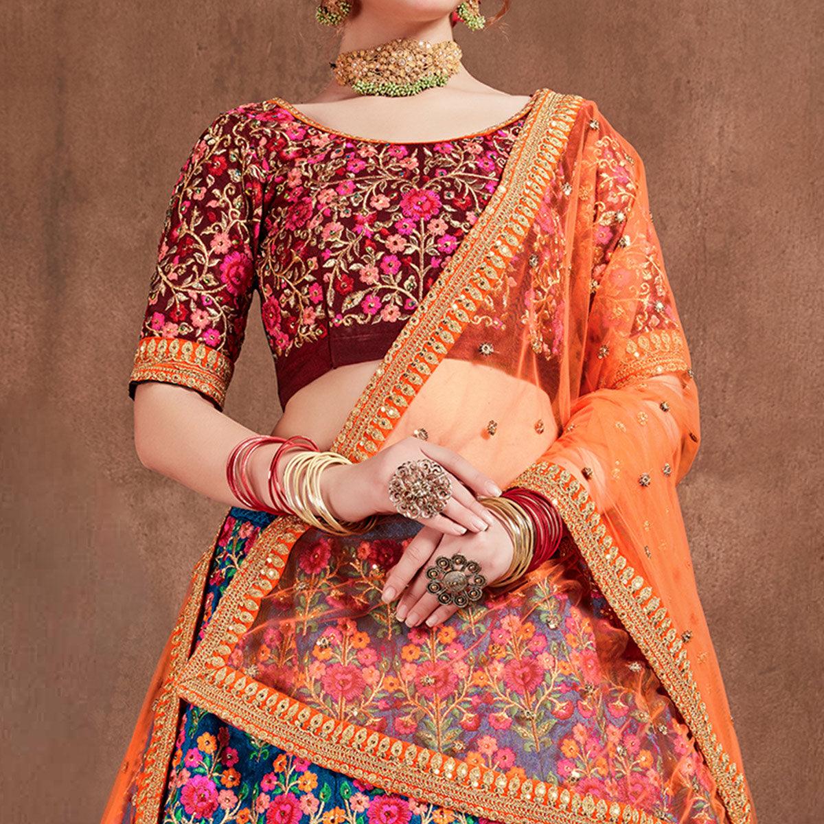 Flamboyant Blue-Red Colored Partywear Embroidered Mulberry Silk Lehenga Choli - Peachmode