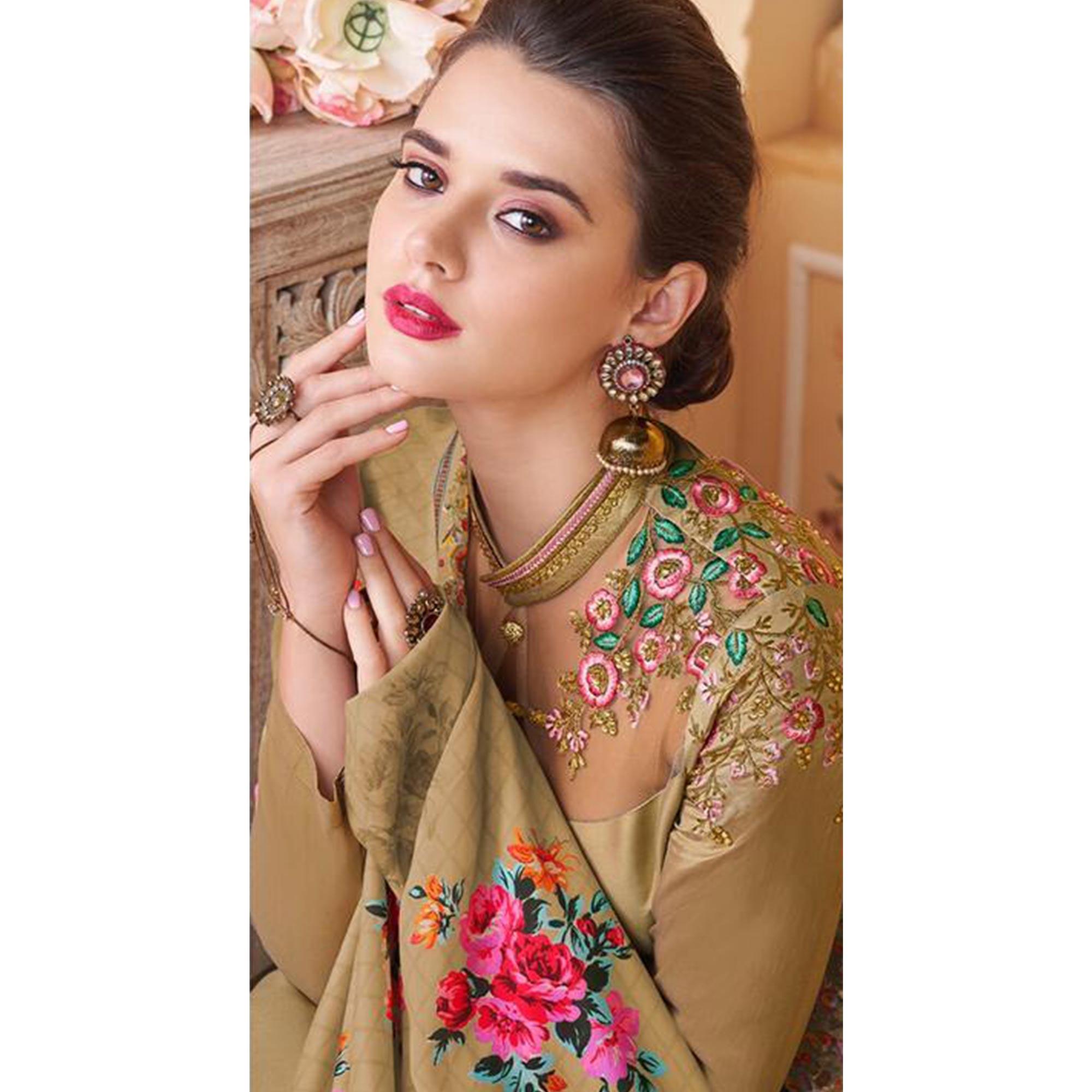 Flamboyant Chiku Colored Partywear Embroidered Silk Anarkali Suit - Peachmode