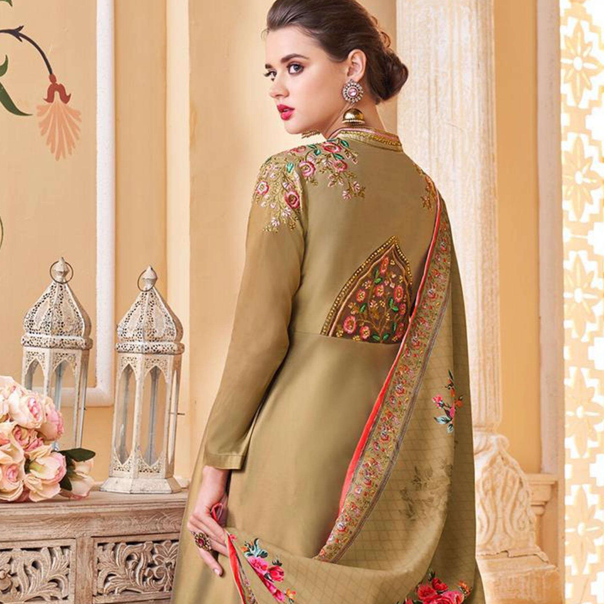 Flamboyant Chiku Colored Partywear Embroidered Silk Anarkali Suit - Peachmode