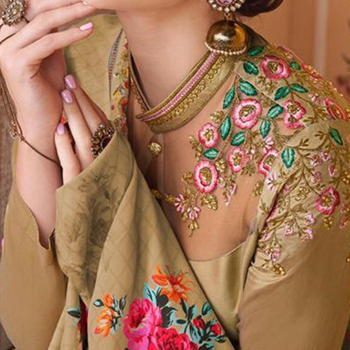 Flamboyant Chiku Colored Partywear Embroidered Silk Anarkali Suit - Peachmode