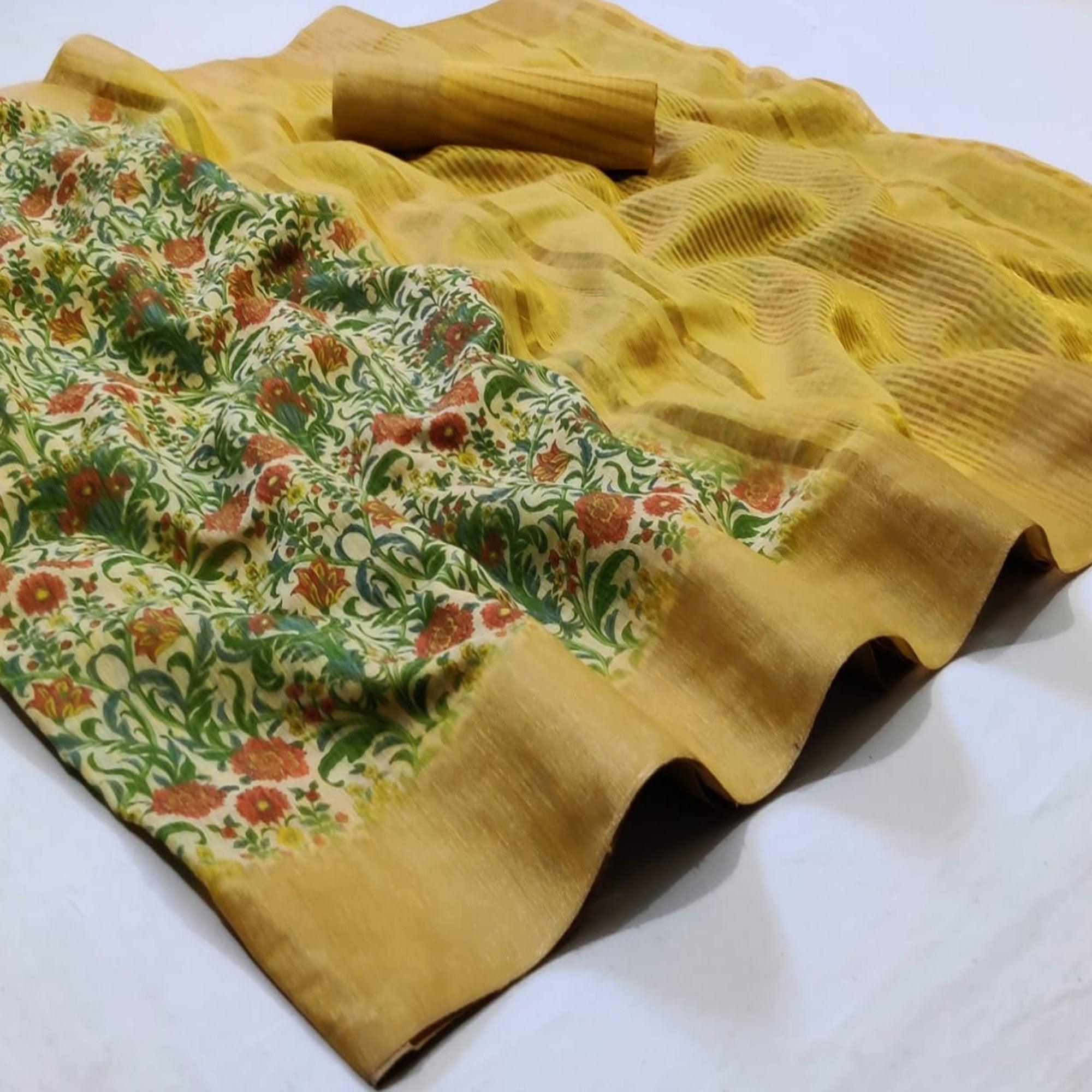Flamboyant Cream Colored Festive Wear Woven Linen Saree - Peachmode