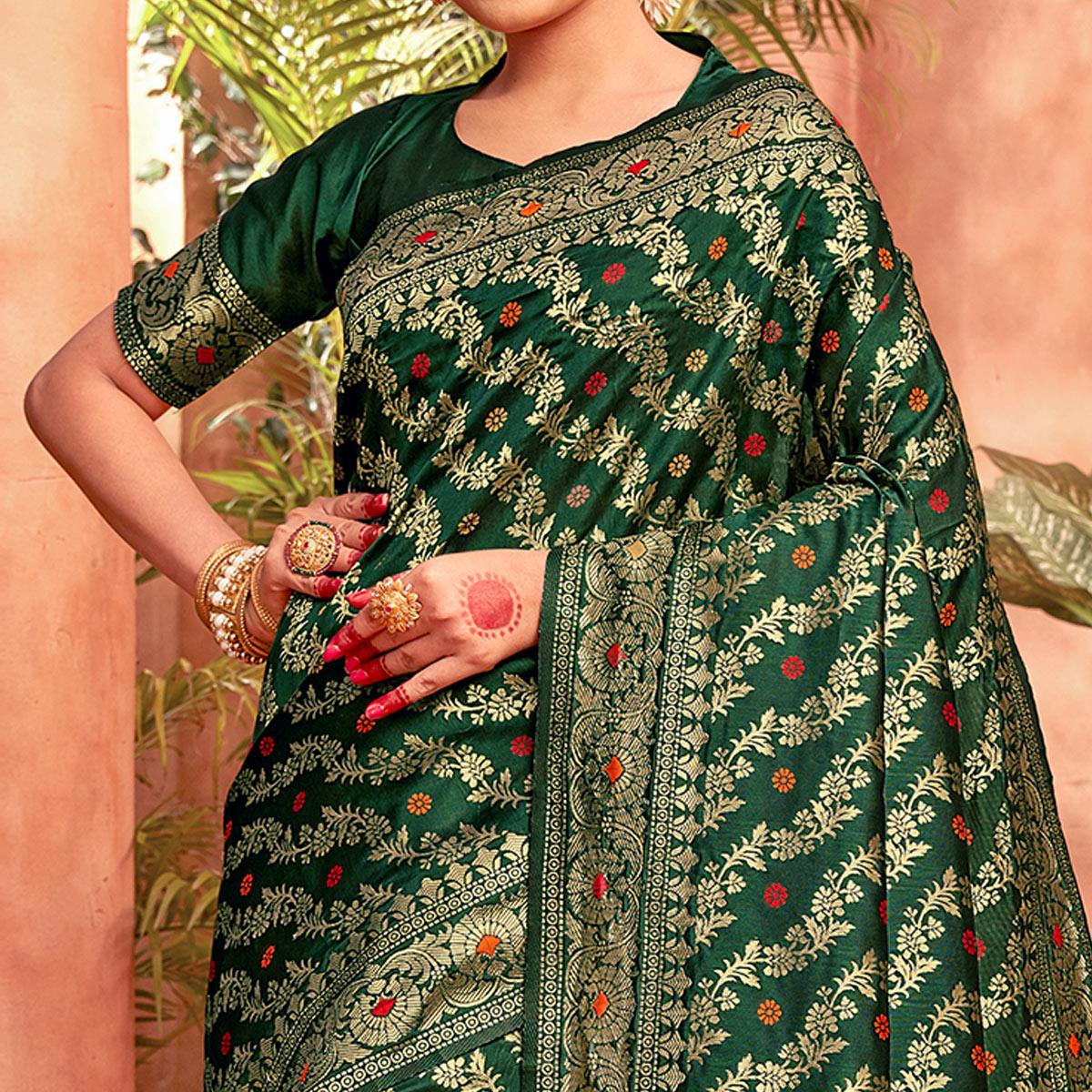 Flamboyant Dark Green Colored Festive Wear Woven Designer Silk Saree - Peachmode