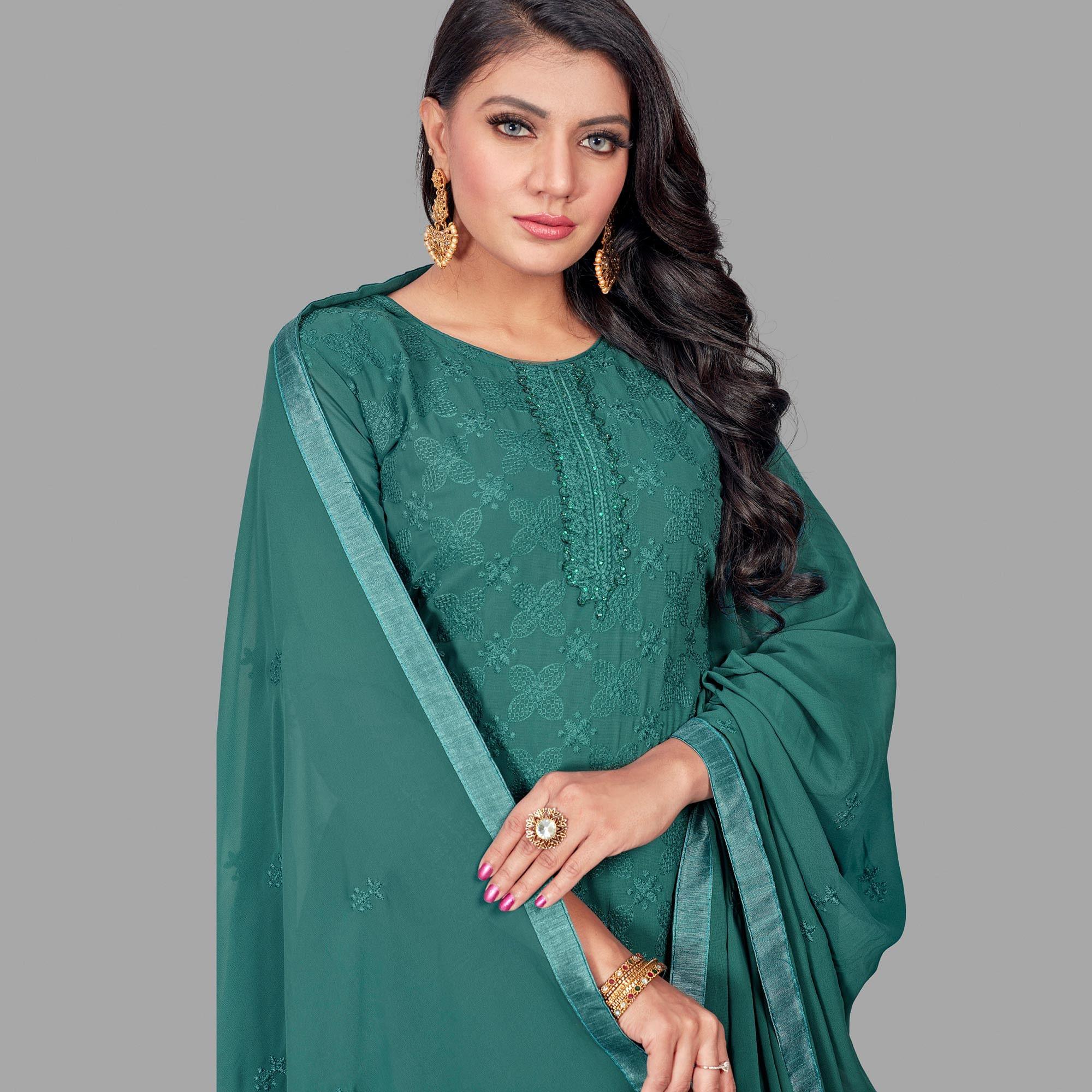 Flamboyant Dark Green Colored Partywear Embroidered Heavy Faux Georgette Palazzo Suit - Peachmode