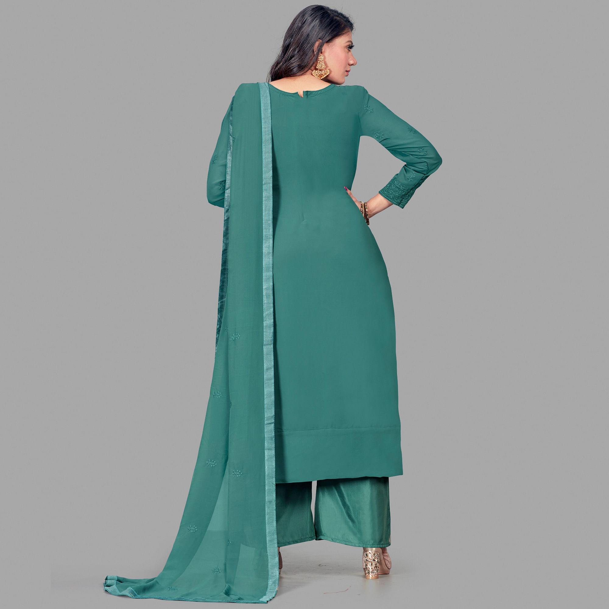 Flamboyant Dark Green Colored Partywear Embroidered Heavy Faux Georgette Palazzo Suit - Peachmode