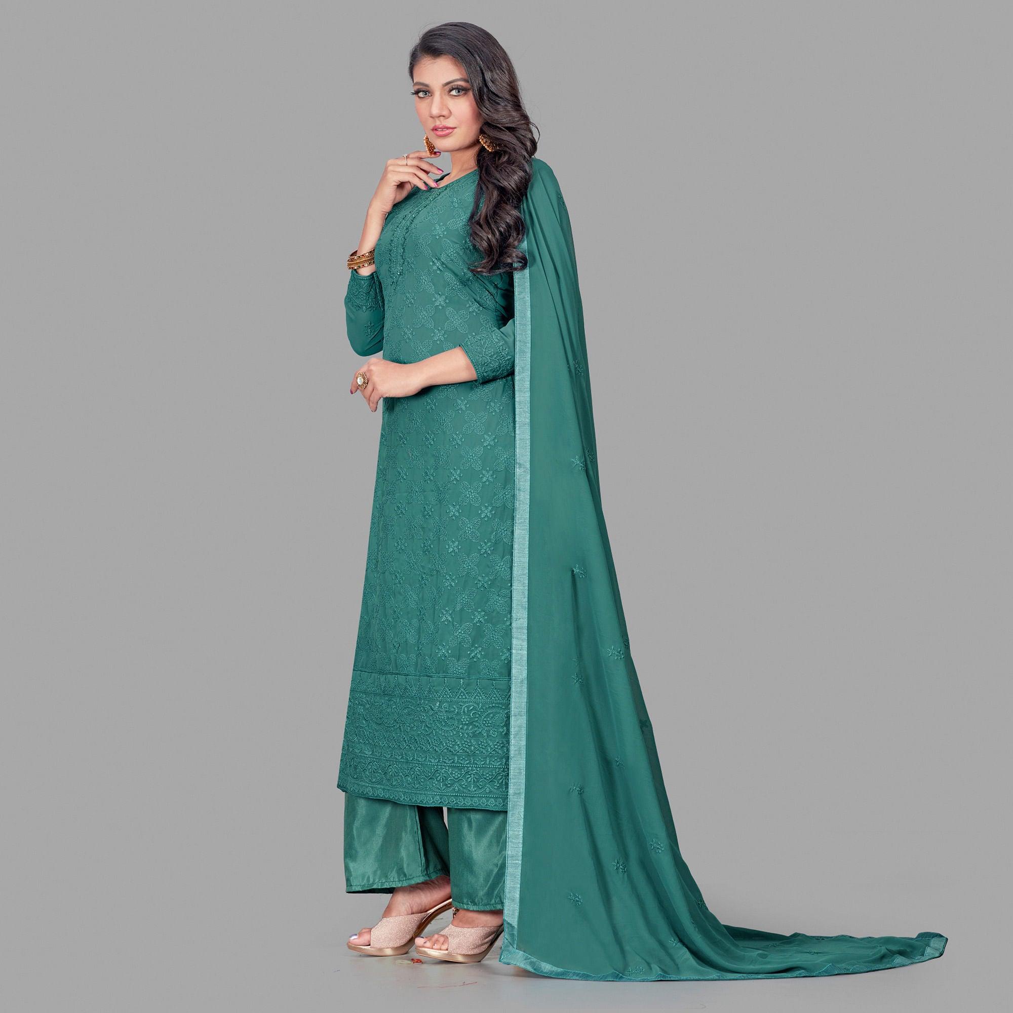 Flamboyant Dark Green Colored Partywear Embroidered Heavy Faux Georgette Palazzo Suit - Peachmode