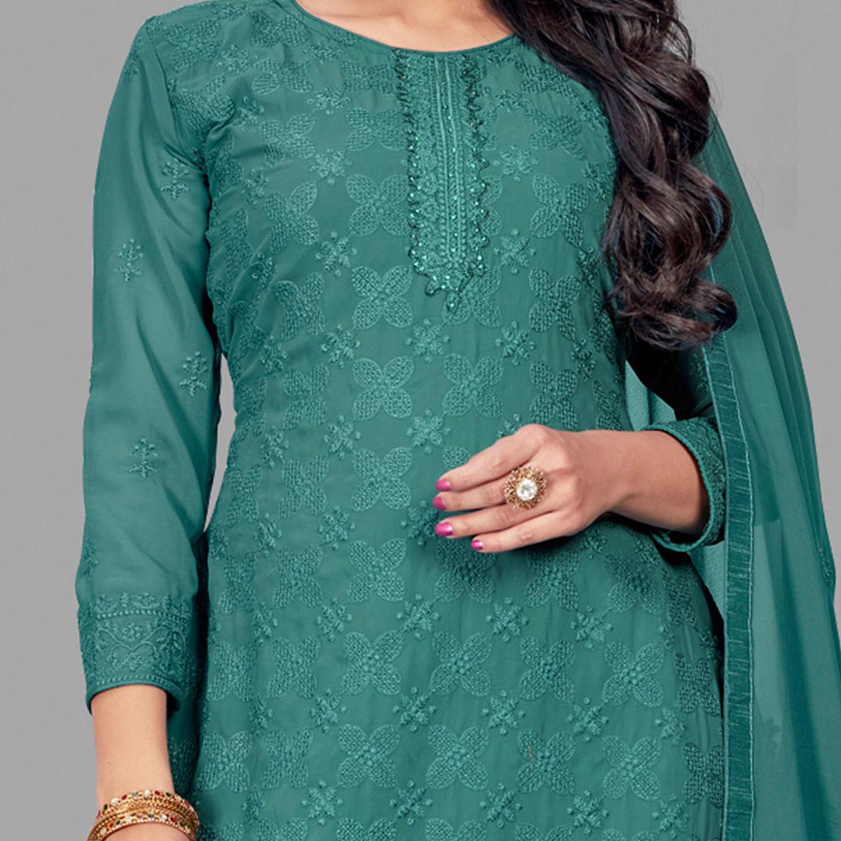 Flamboyant Dark Green Colored Partywear Embroidered Heavy Faux Georgette Palazzo Suit - Peachmode