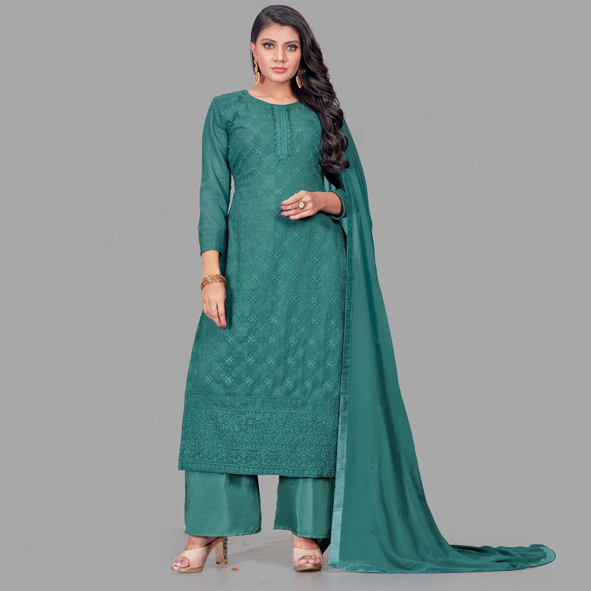 Flamboyant Dark Green Colored Partywear Embroidered Heavy Faux Georgette Palazzo Suit - Peachmode