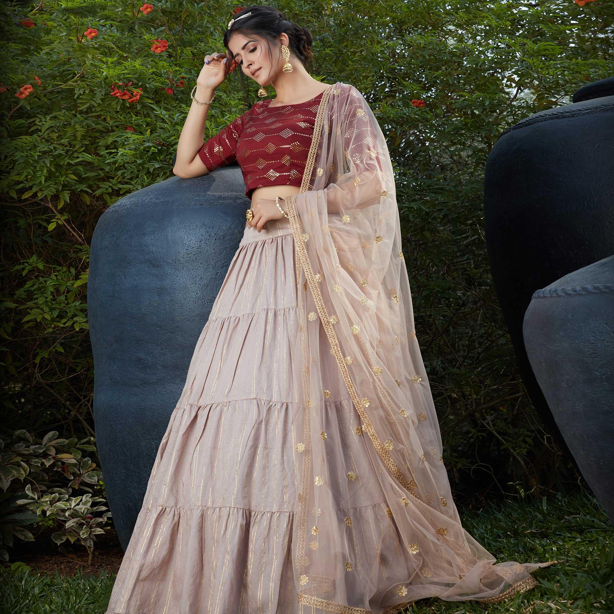 Flamboyant Dusty Maroon - Beige Colored Wedding Partywear Foil Work Cotton Lehenga Choli - Peachmode