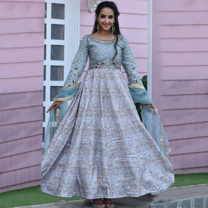 Flamboyant Gray Colored Partywear Embroidered Silk Gown - Peachmode