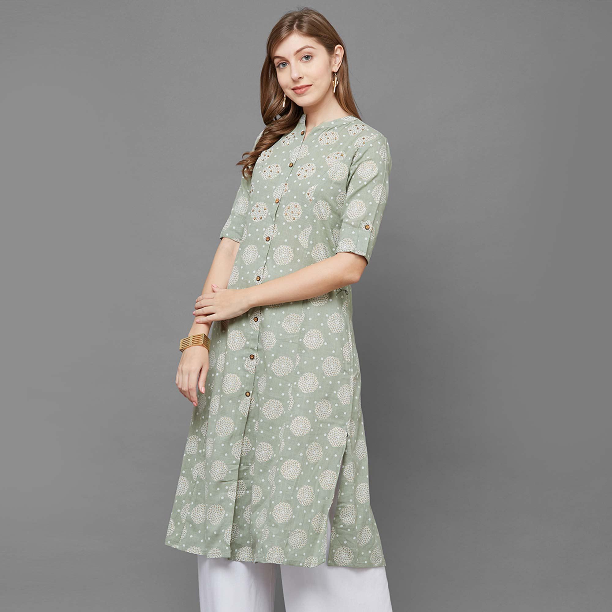 Flamboyant Green Colored Casual Printed Cotton Long Kurti - Peachmode