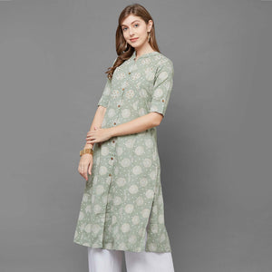 Flamboyant Green Colored Casual Printed Cotton Long Kurti - Peachmode