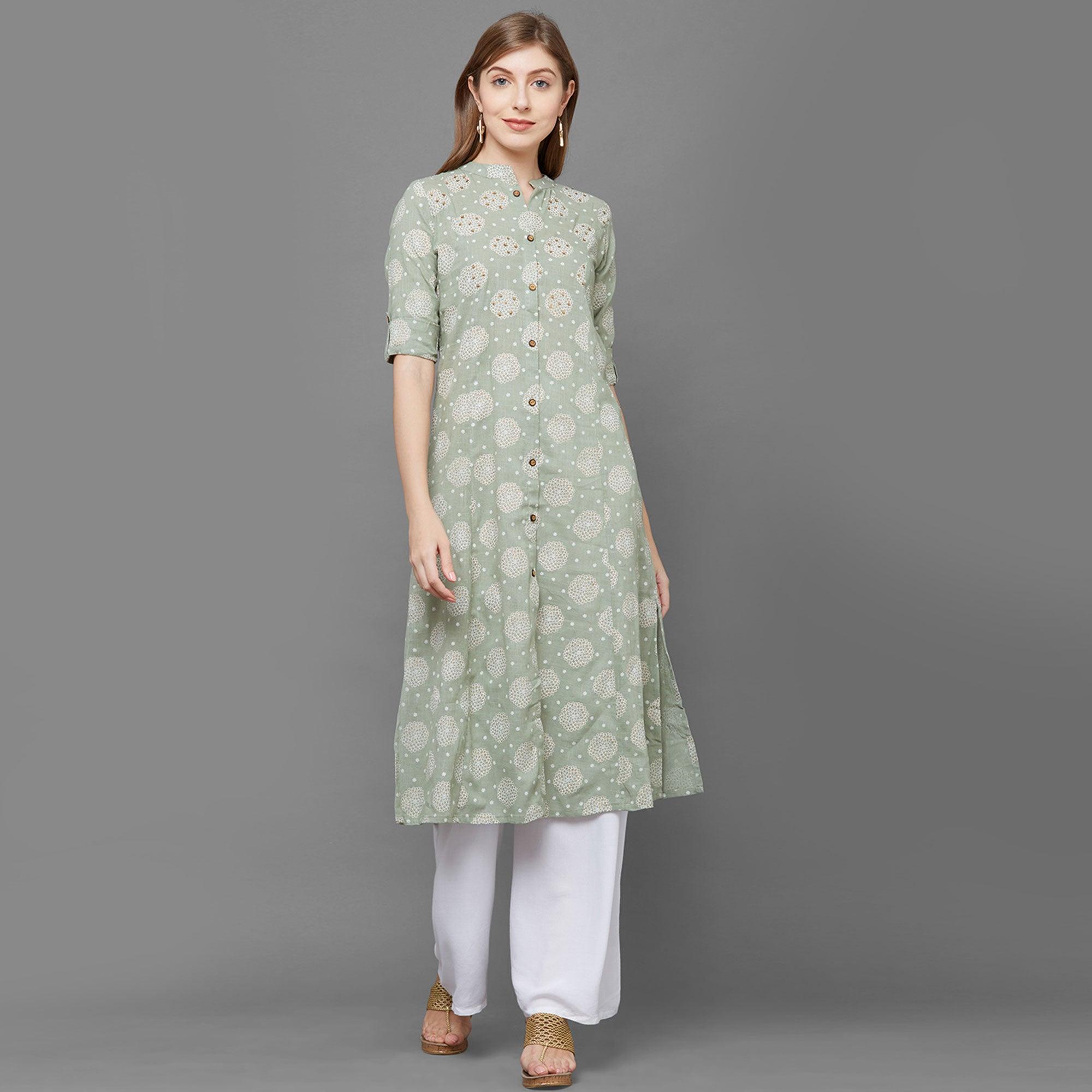 Flamboyant Green Colored Casual Printed Cotton Long Kurti - Peachmode