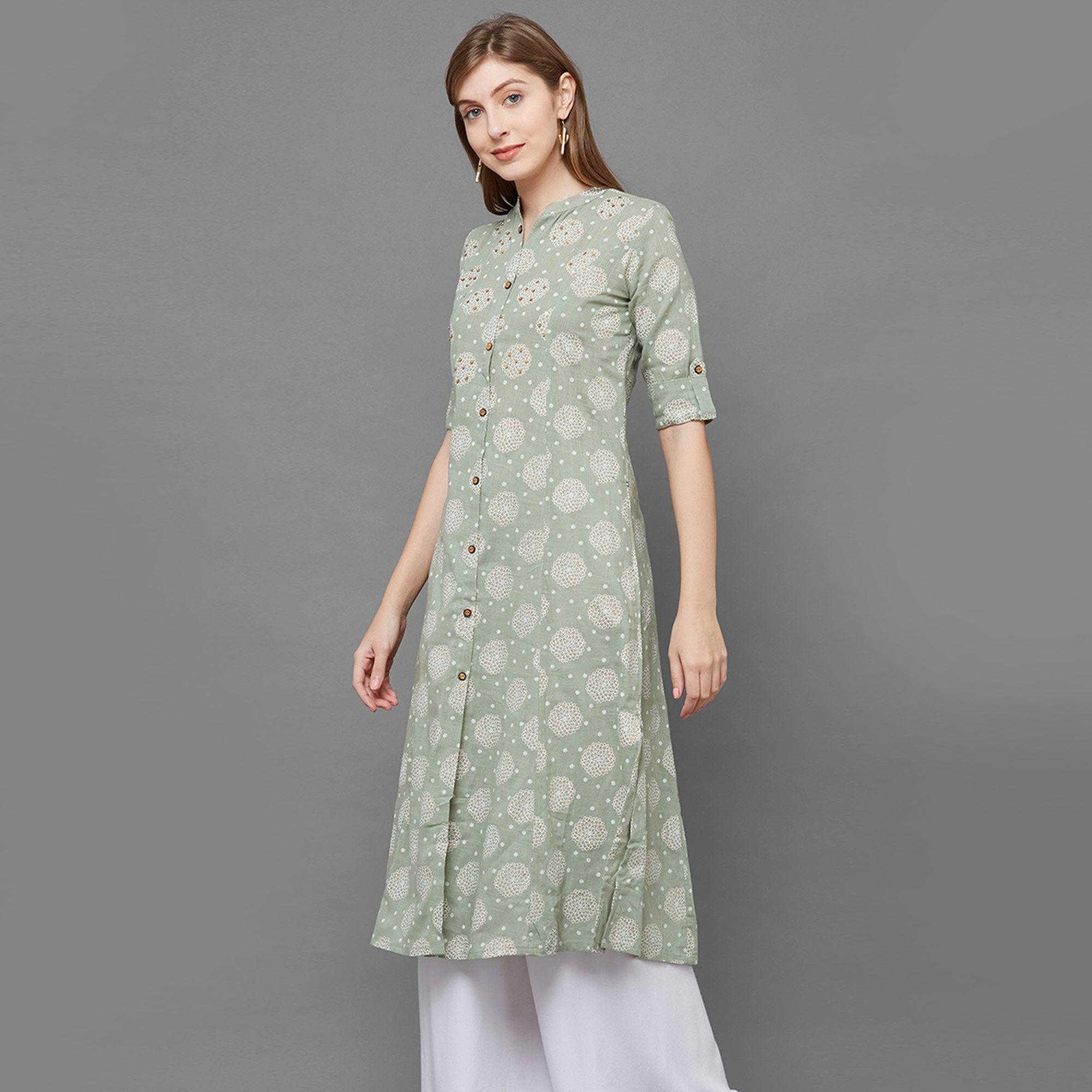 Flamboyant Green Colored Casual Printed Cotton Long Kurti - Peachmode