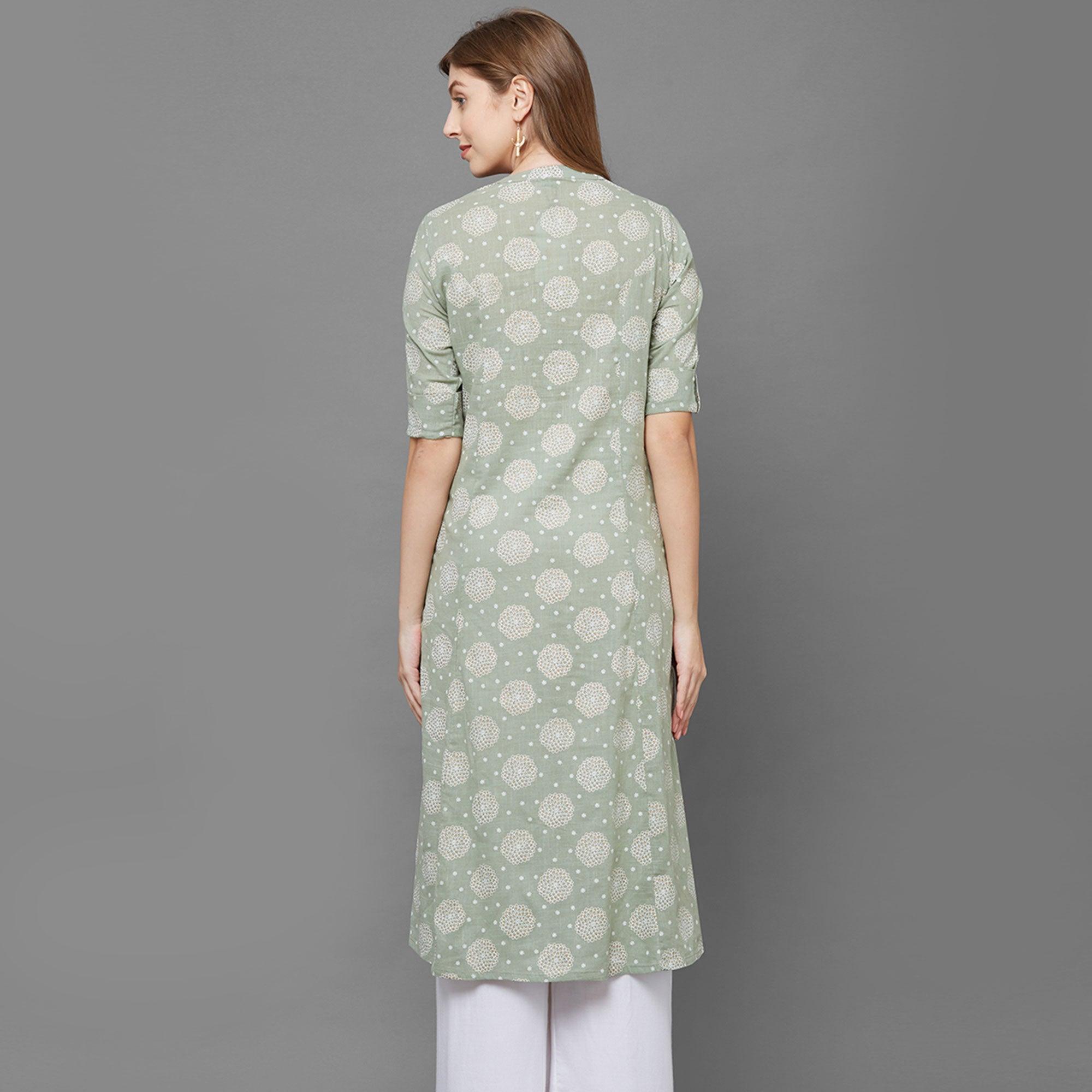 Flamboyant Green Colored Casual Printed Cotton Long Kurti - Peachmode