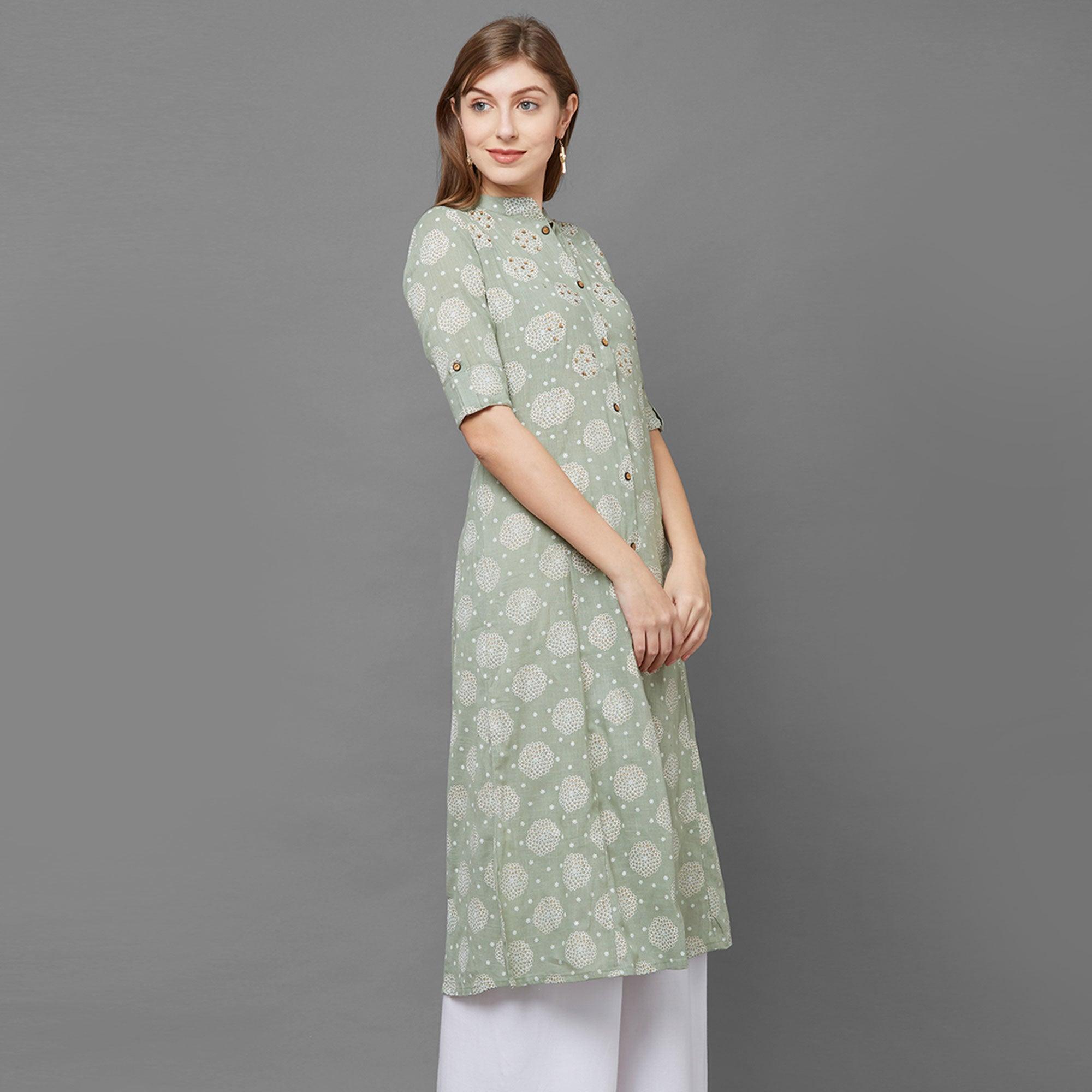 Flamboyant Green Colored Casual Printed Cotton Long Kurti - Peachmode