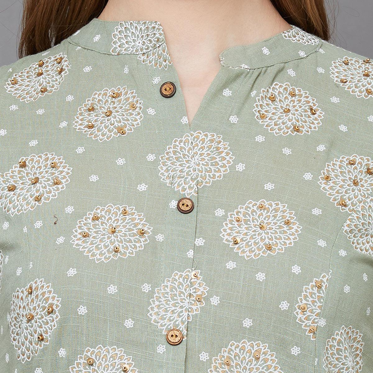 Flamboyant Green Colored Casual Printed Cotton Long Kurti - Peachmode
