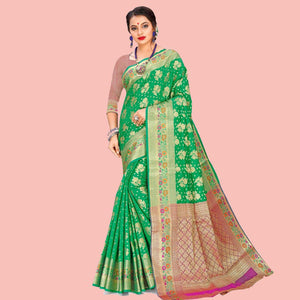 Flamboyant Green Colored Festive Wear Woven Art Silk Saree - Peachmode