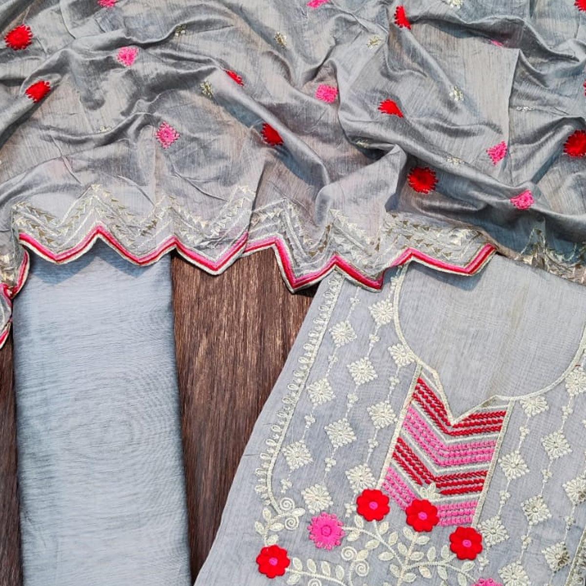 Flamboyant Grey Colored Casual Wear Embroidered Chanderi Dress Material - Peachmode