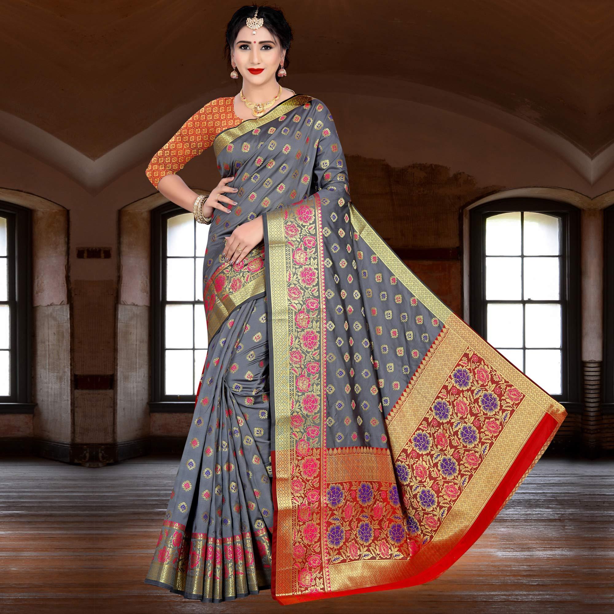 Flamboyant Grey Colored Festive Wear Woven Silk Saree - Peachmode