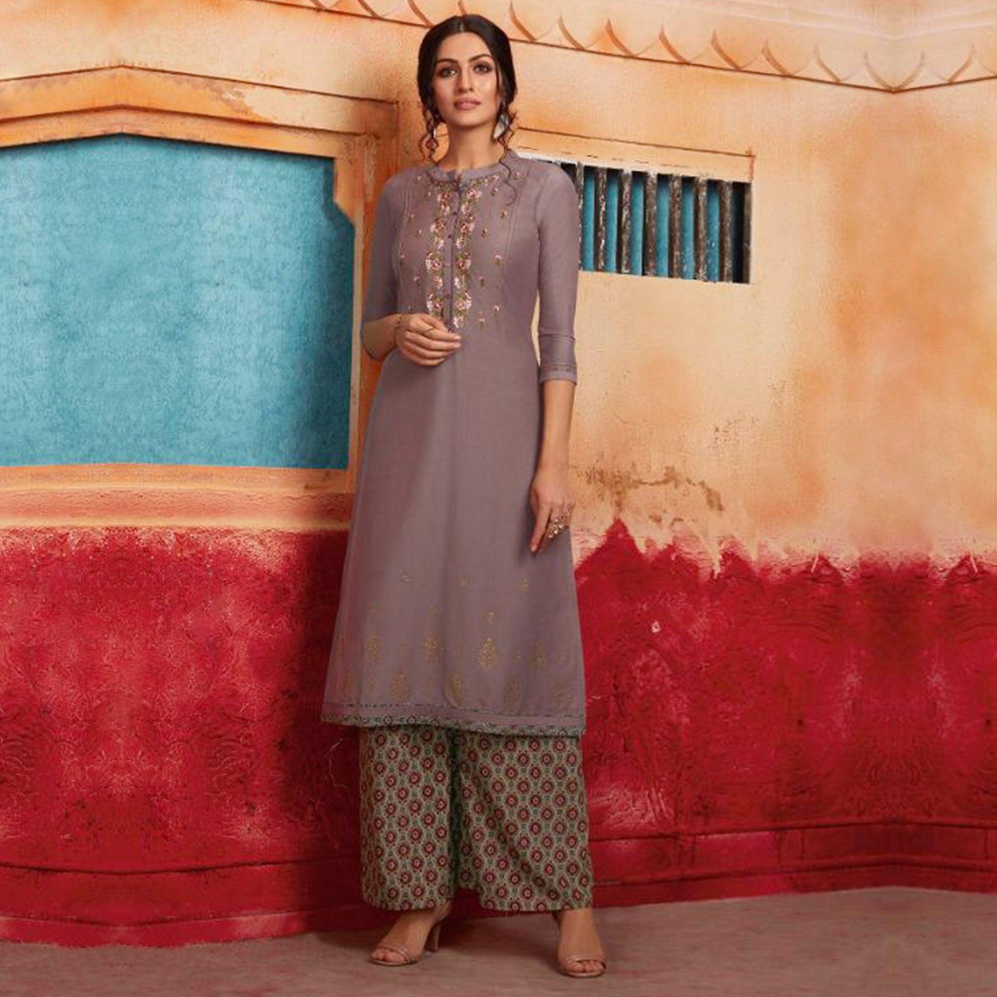Flamboyant Grey Colored Partywear Embroidered Pure Muslin-Silk Kurti-Palazzo Set - Peachmode