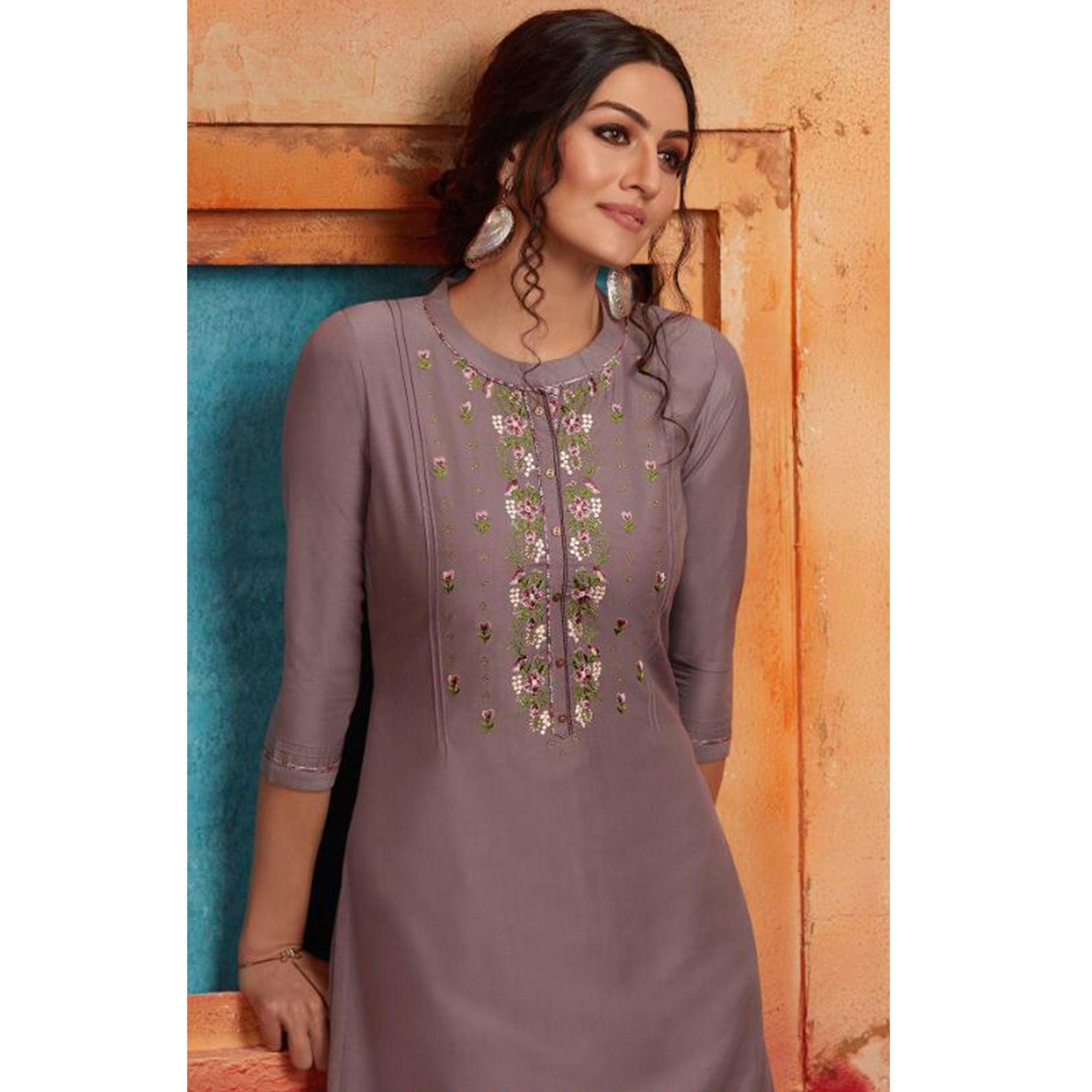 Flamboyant Grey Colored Partywear Embroidered Pure Muslin-Silk Kurti-Palazzo Set - Peachmode