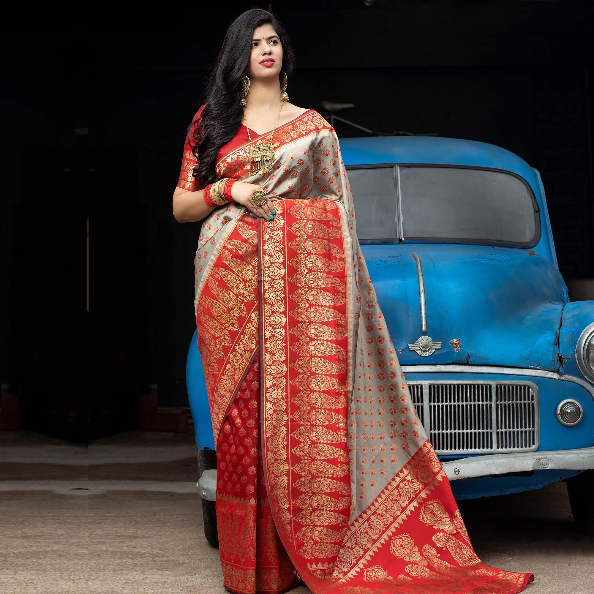 Flamboyant Grey - Red Colored Festive Wear Woven Banarasi Silk Saree - Peachmode
