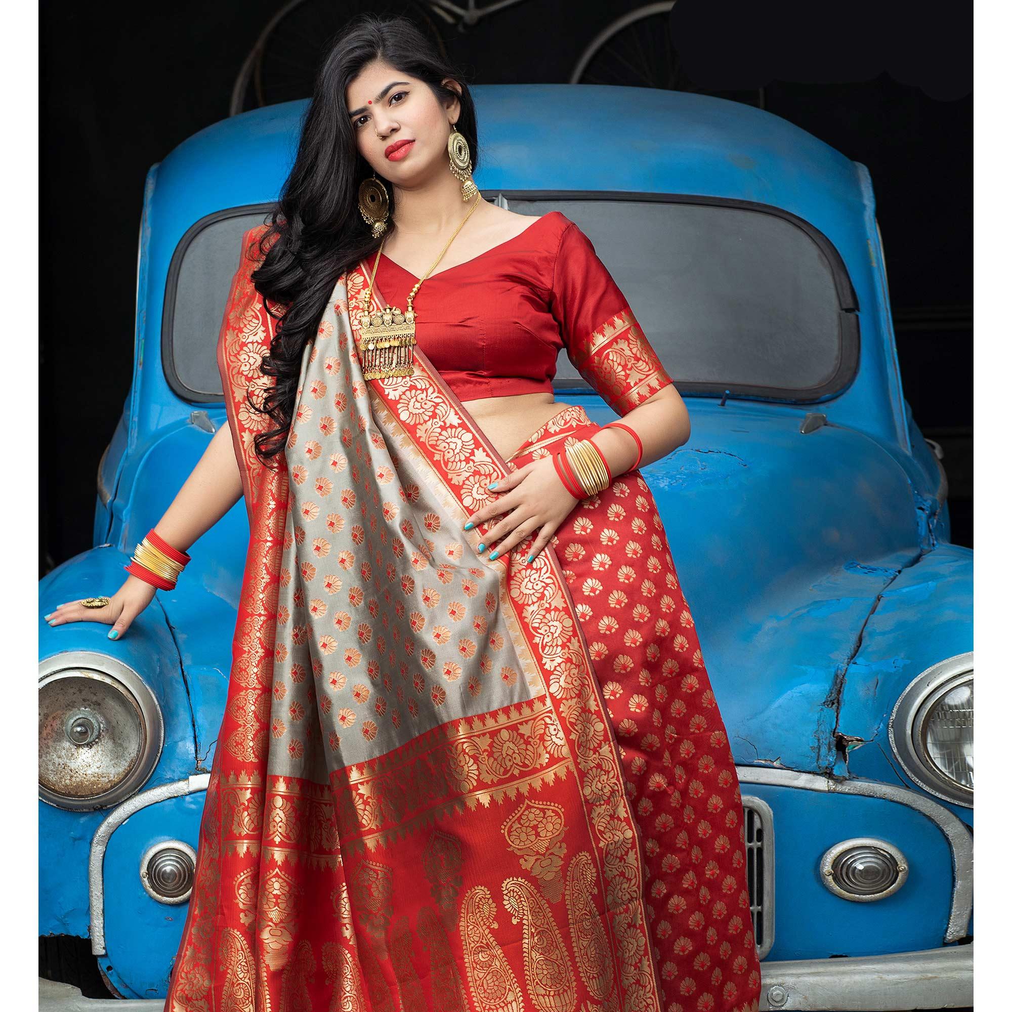 Flamboyant Grey - Red Colored Festive Wear Woven Banarasi Silk Saree - Peachmode