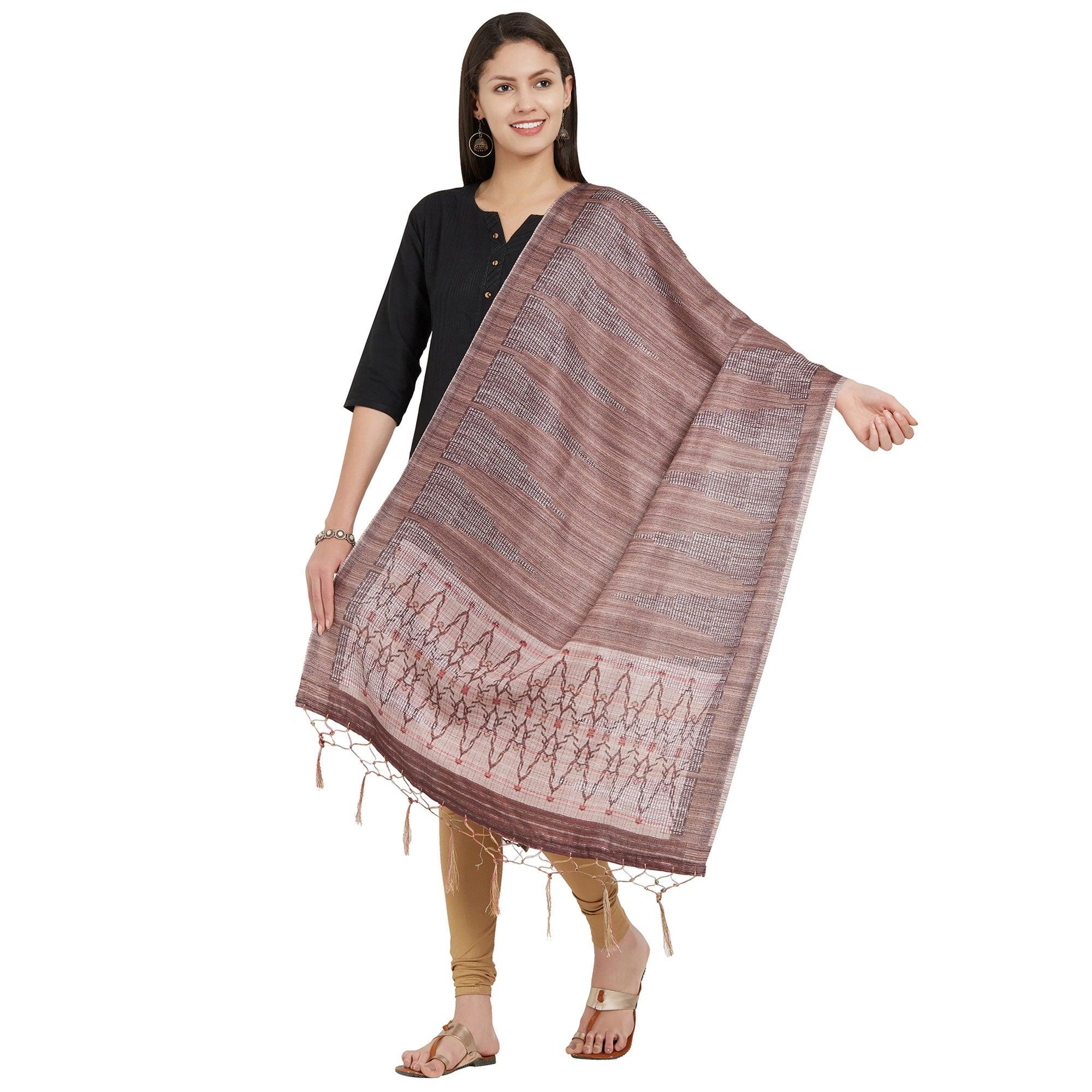 Flamboyant Light Brown Colored Casual Printed Pashmina Silk Dupatta - Peachmode