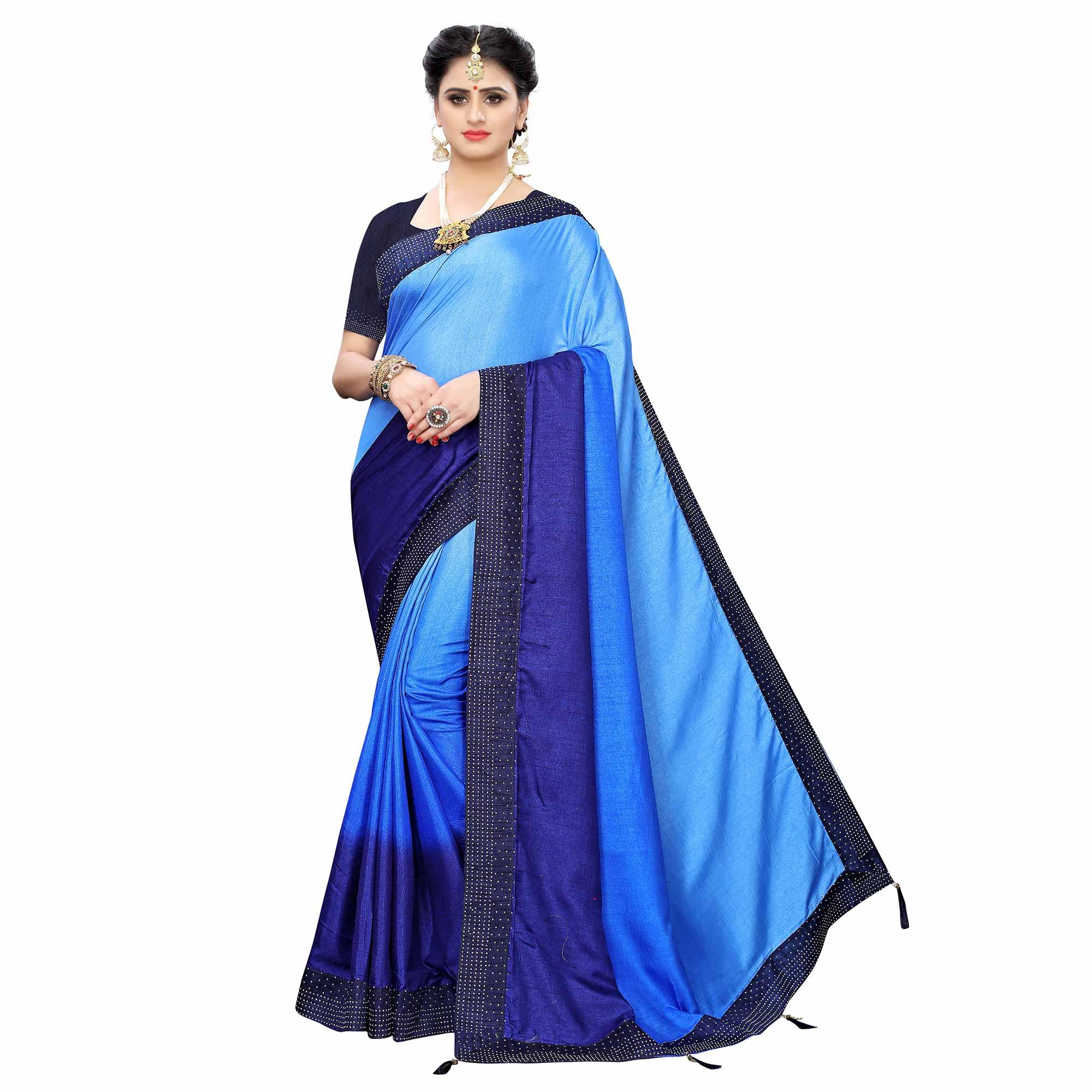 Flamboyant Navy Blue Colored Partywear Stone Work Sana Silk Saree - Peachmode