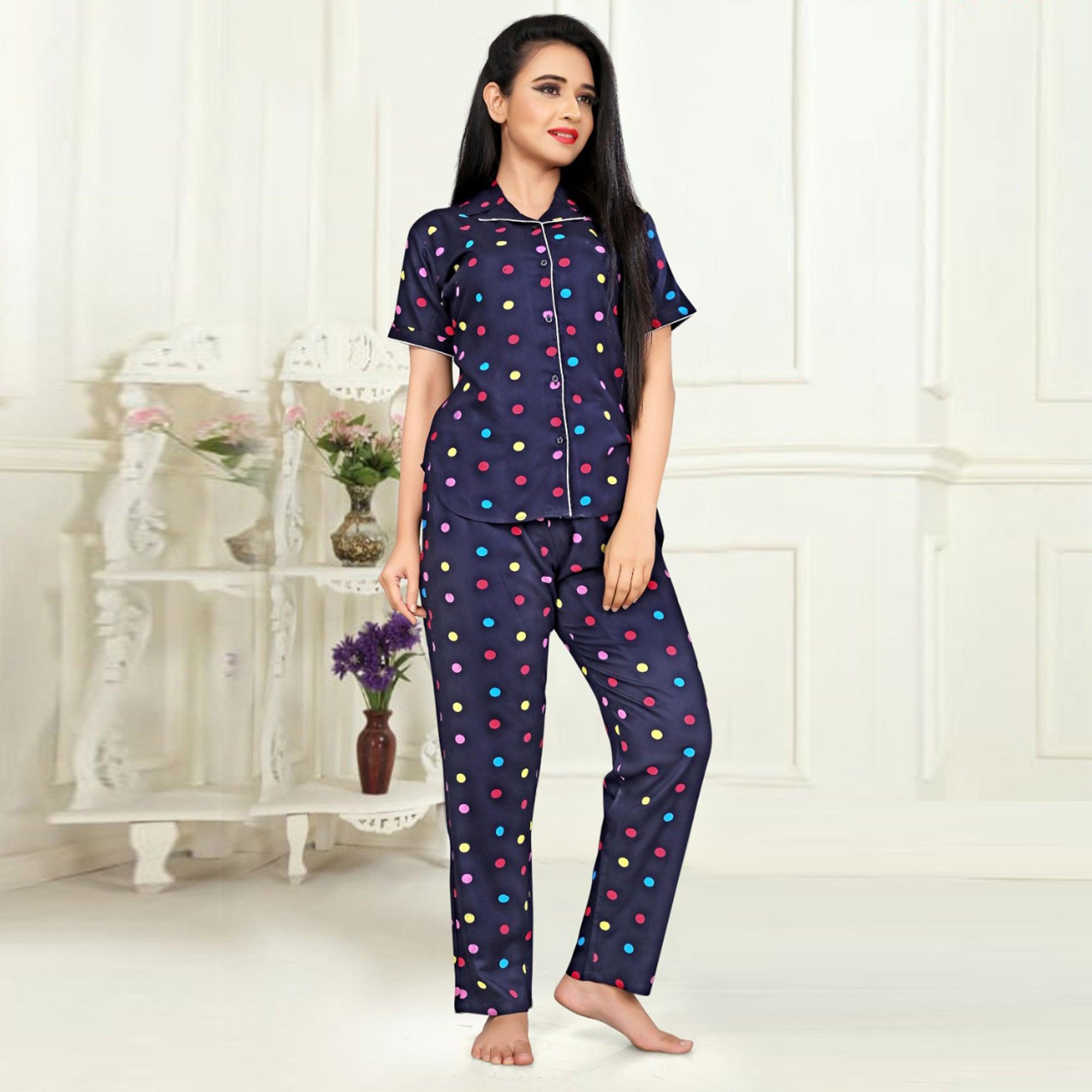 Flamboyant Navy Blue Colored Printed Cotton Rayon Night Suit - Peachmode