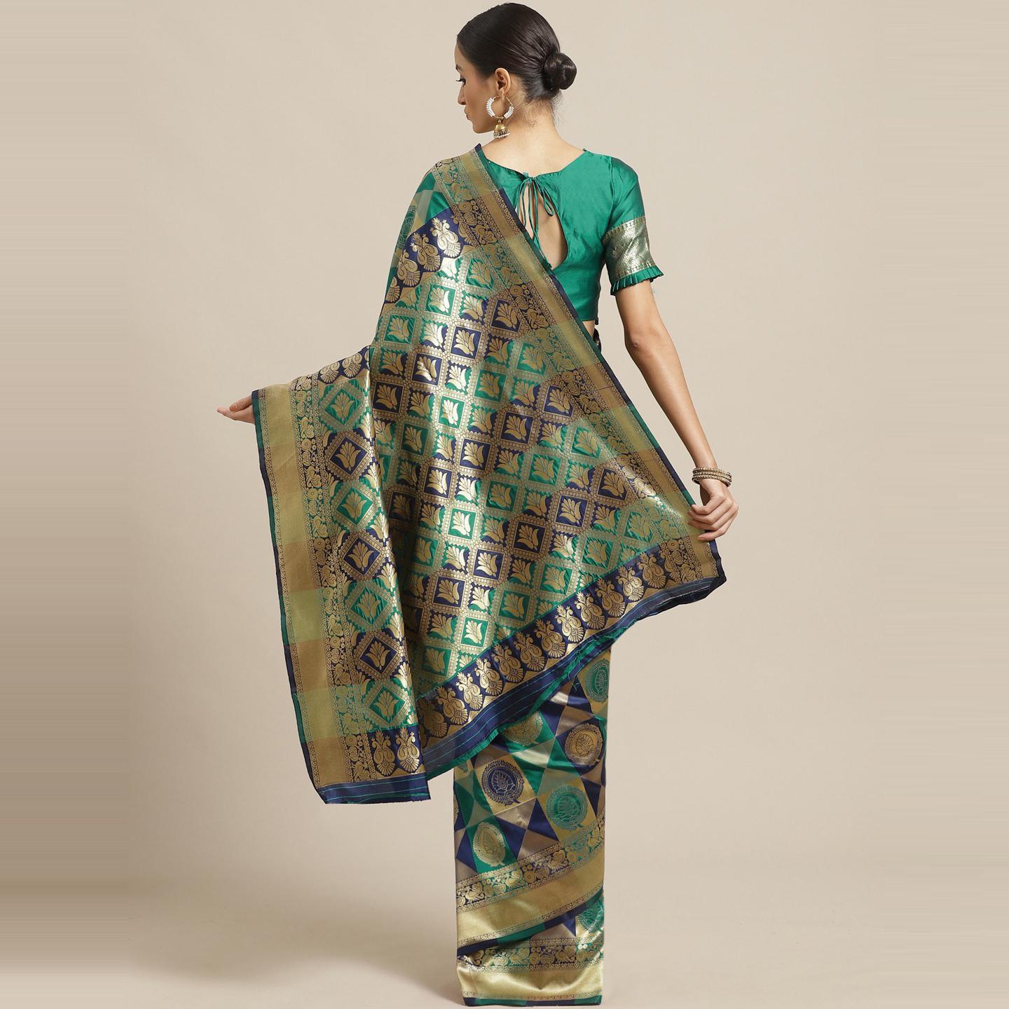 Flamboyant Navy Blue - Teal Green Colored Festive Wear Woven Silk Blend Saree - Peachmode