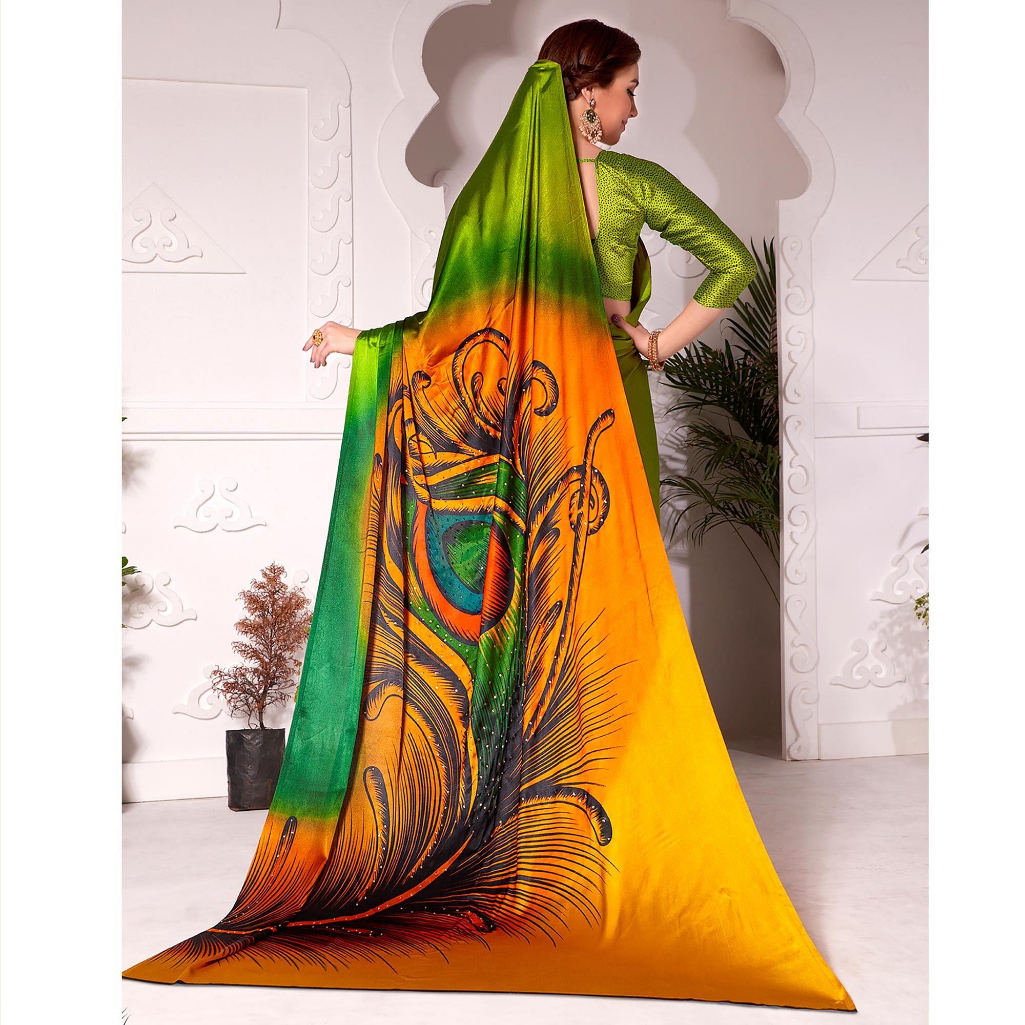 Flamboyant Olive Green Colored Partywear Peacock Feather Printed Satin Saree - Peachmode
