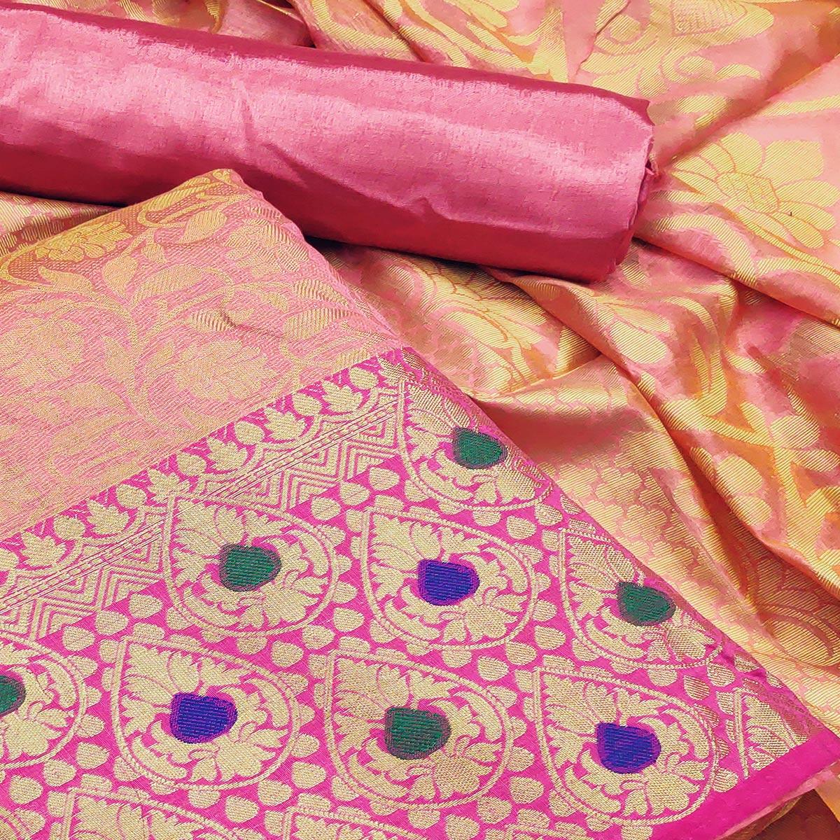 Flamboyant Pink Colored Festive Wear Woven Heavy Banarasi Silk Dress Material - Peachmode