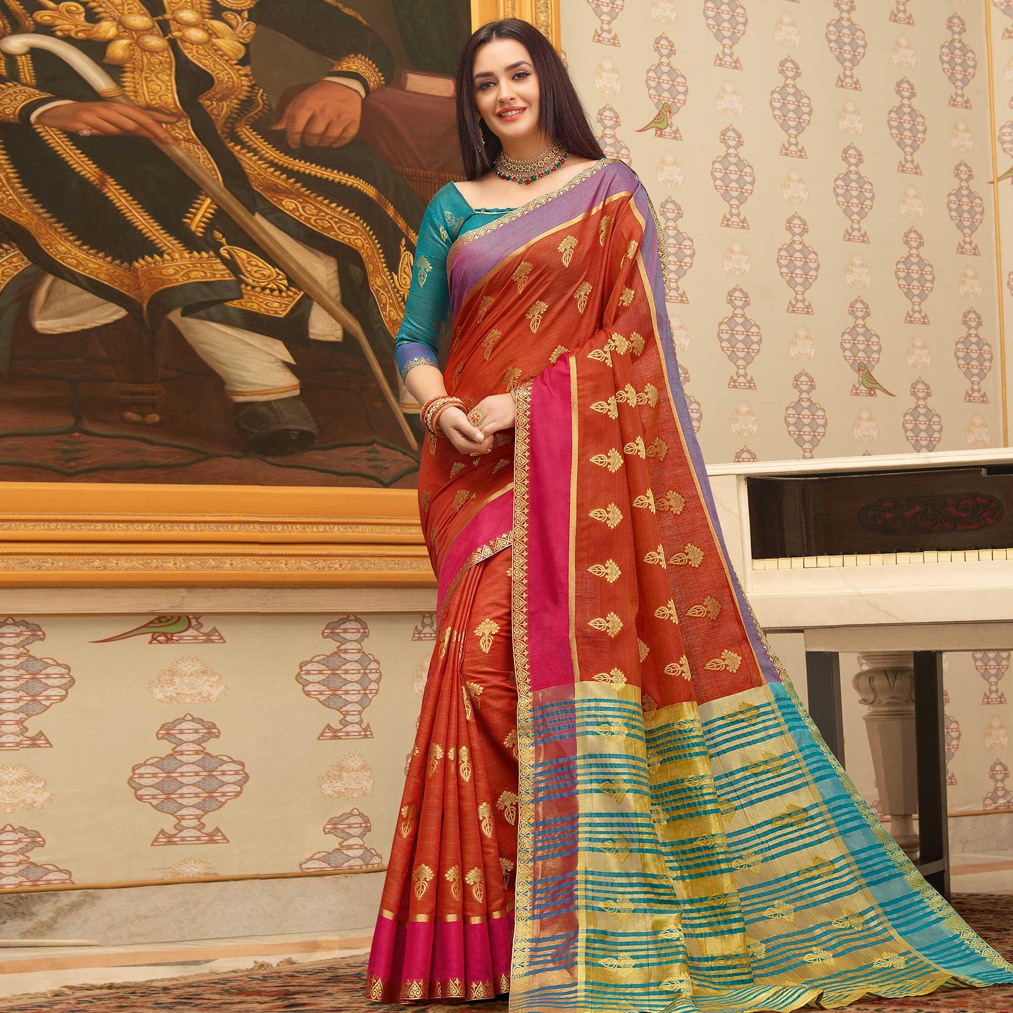 Flamboyant Rust Orange Colored Festive Wear Woven Cotton Handloom Saree - Peachmode