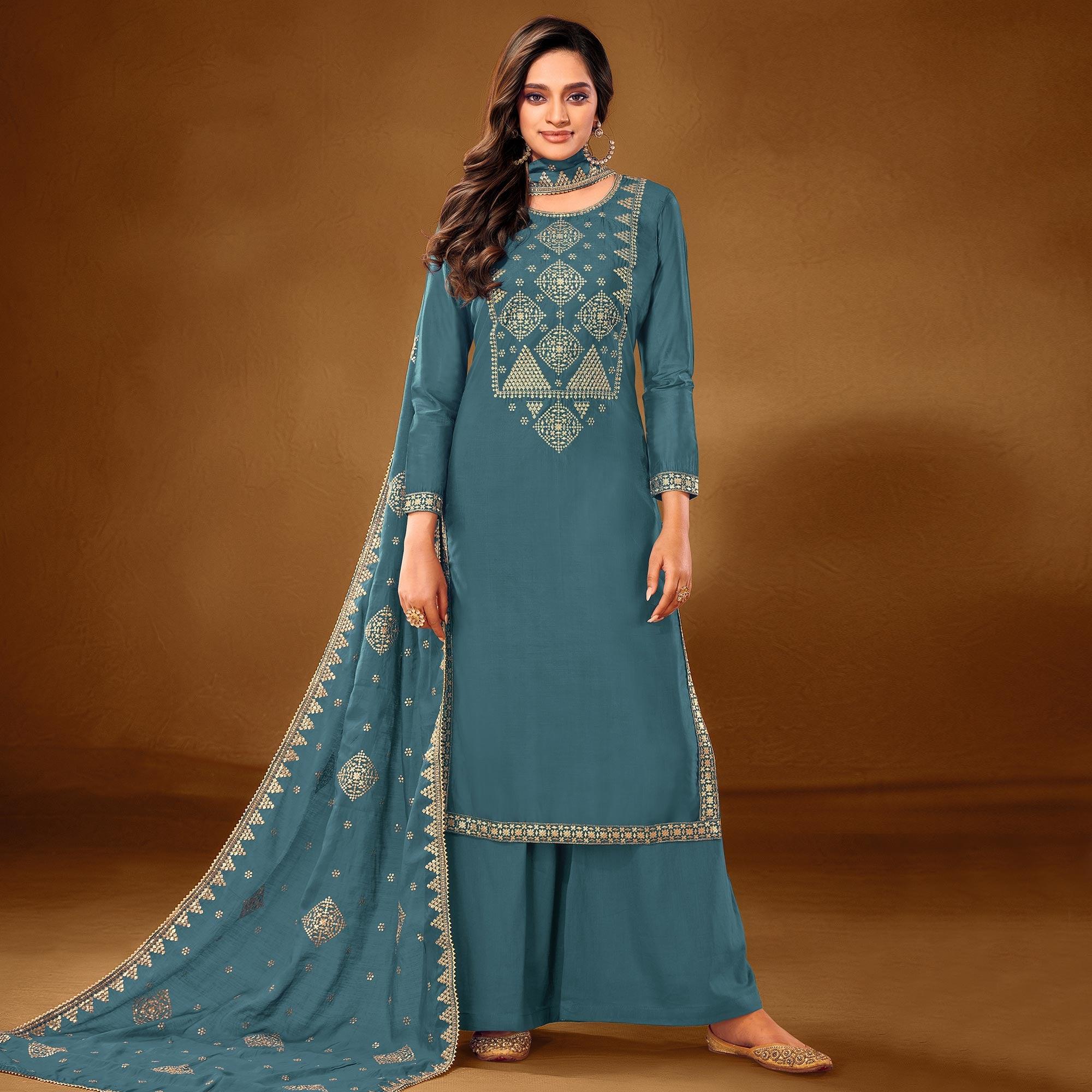 Flamboyant Sky Blue Colored Casual Wear Embroidered Pure Cotton Palazzo Suit - Peachmode