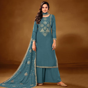 Flamboyant Sky Blue Colored Casual Wear Embroidered Pure Cotton Palazzo Suit - Peachmode