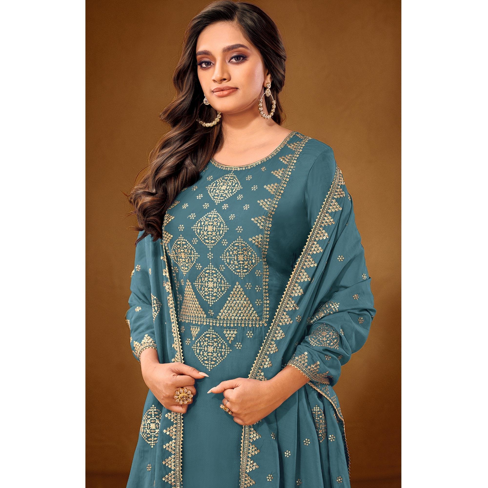 Flamboyant Sky Blue Colored Casual Wear Embroidered Pure Cotton Palazzo Suit - Peachmode