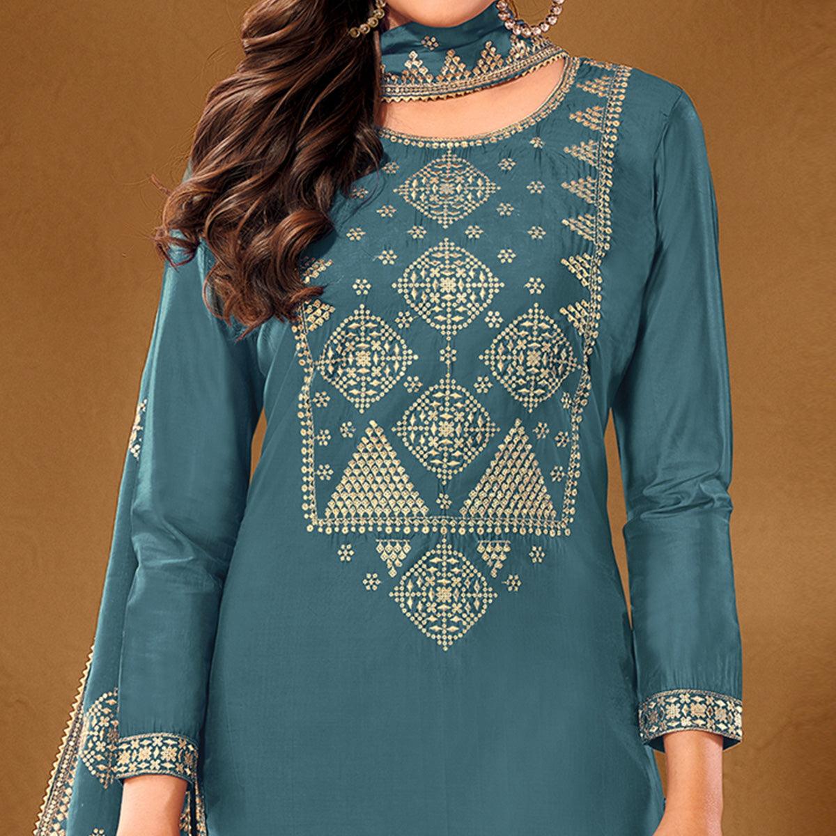 Flamboyant Sky Blue Colored Casual Wear Embroidered Pure Cotton Palazzo Suit - Peachmode