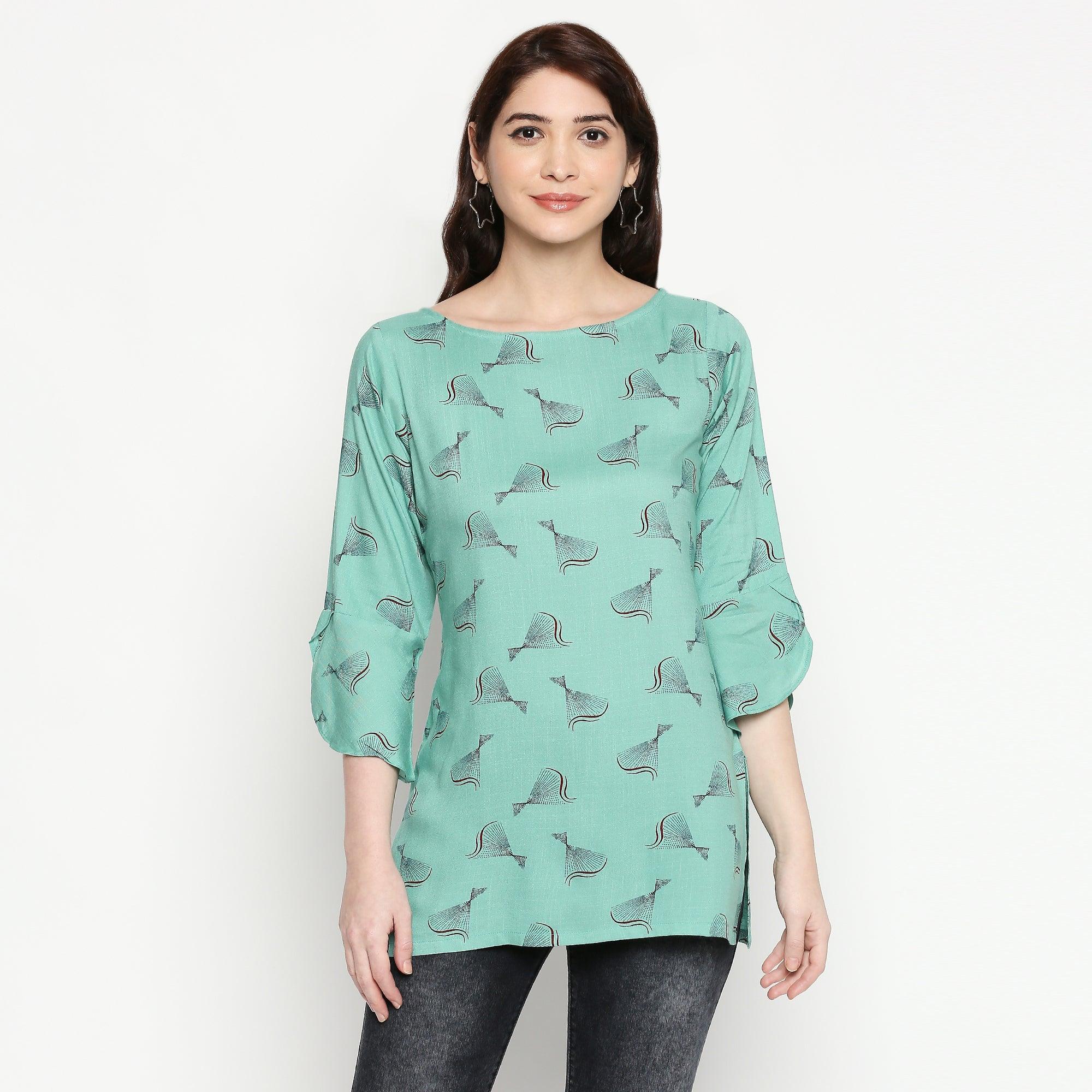 Flamboyant Turquoise Colored Casual Wear Printed Cotton Western Top - Peachmode