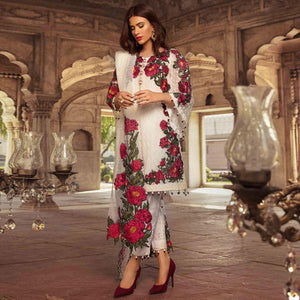 Flamboyant White Colored Partywear Embroidered Georgette Pant Style Suit - Peachmode