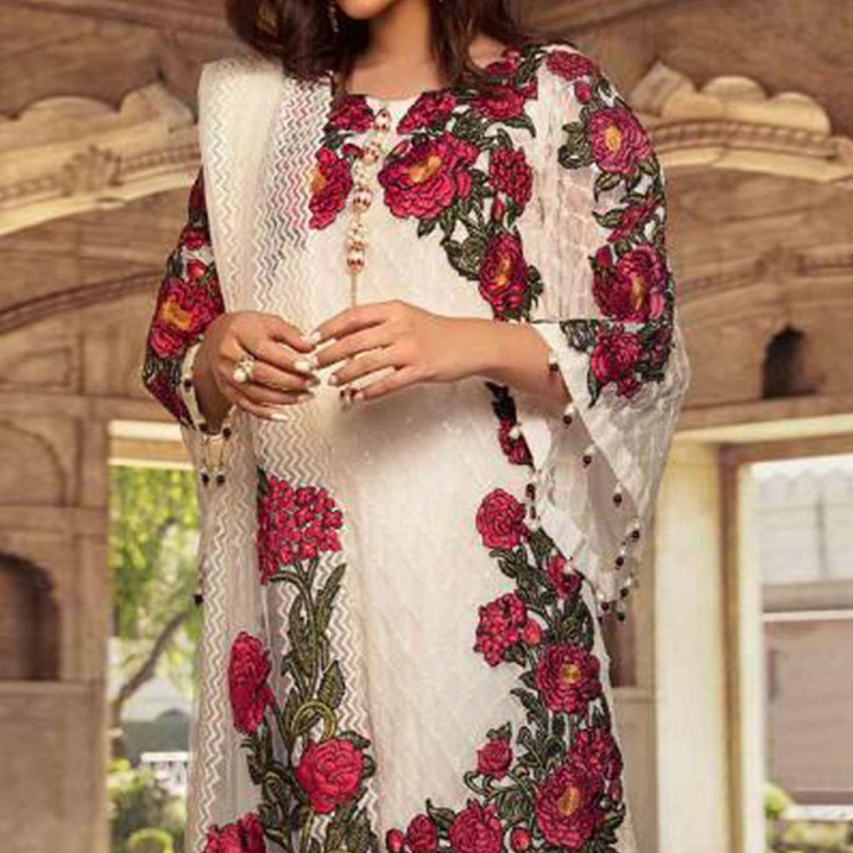 Flamboyant White Colored Partywear Embroidered Georgette Pant Style Suit - Peachmode