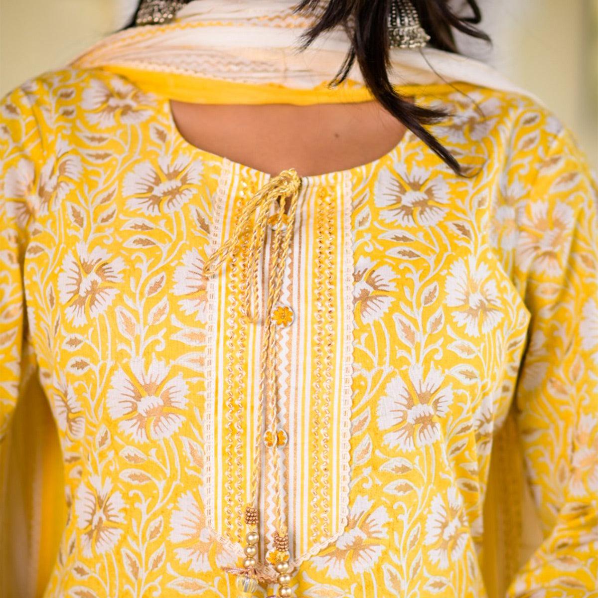 Flamboyant Yellow Colored Casual Printed Cotton Kurti Palazzo Set With Dupatta - Peachmode