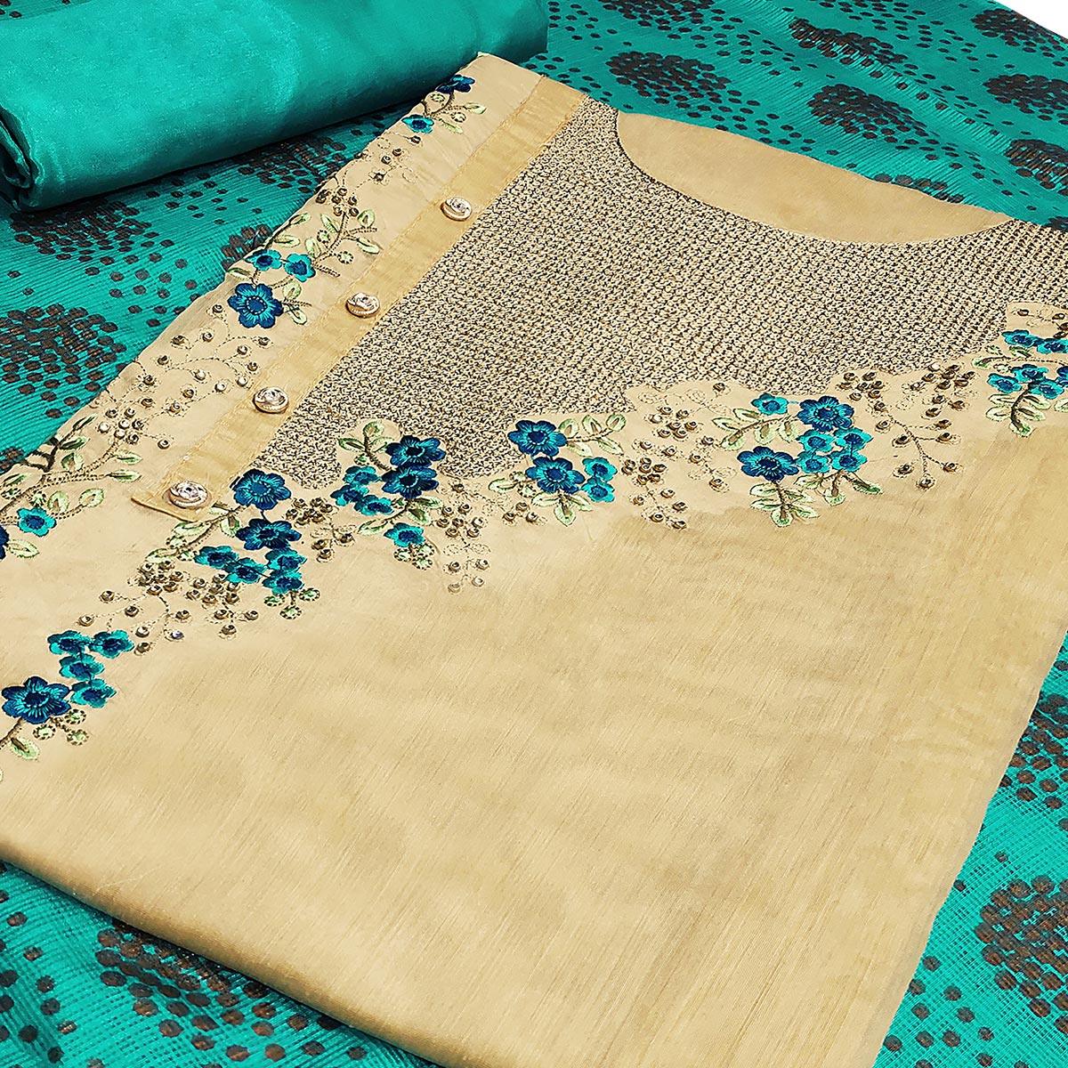 Flattering Beige-Aqua Blue Colored Casual Embroidered Modal Silk Dress Material - Peachmode