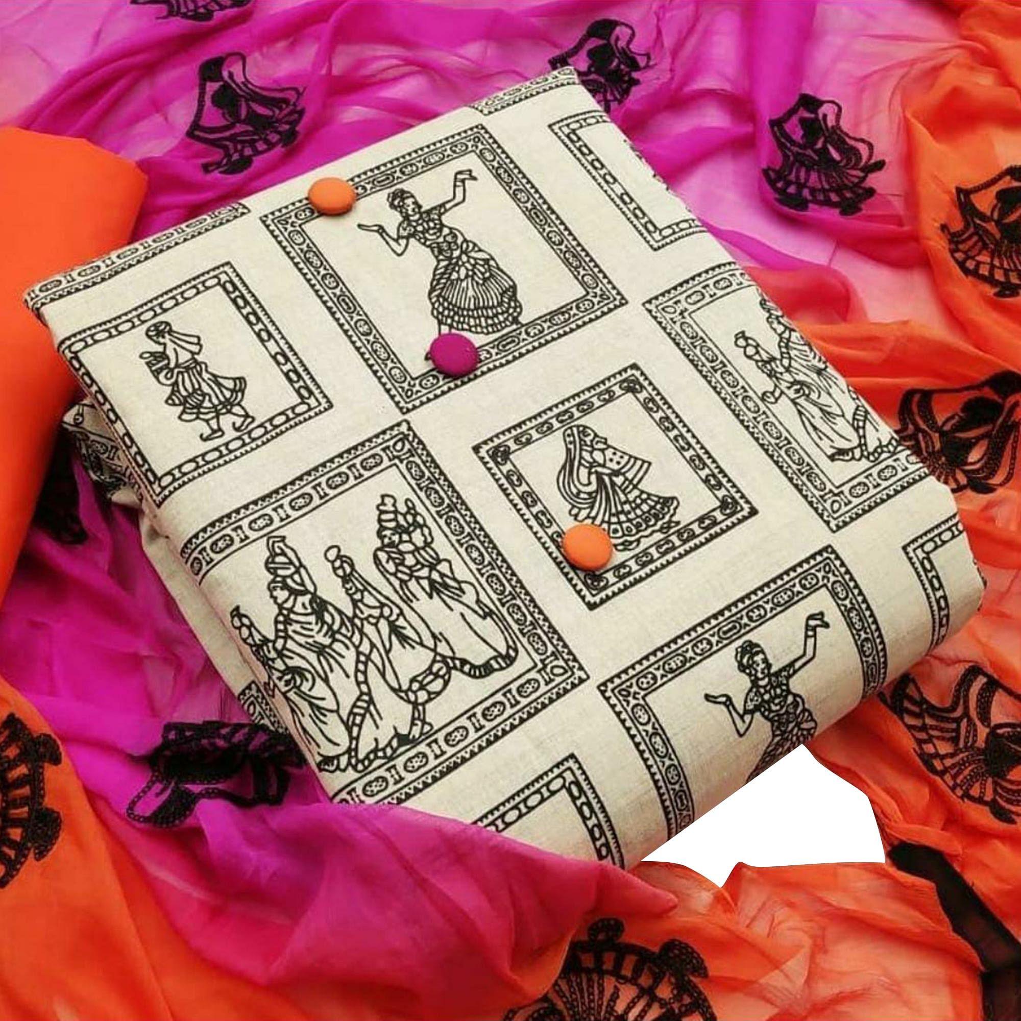 Flattering Beige-Orange Colored Casual Wear Printed Cotton Dress Material - Peachmode