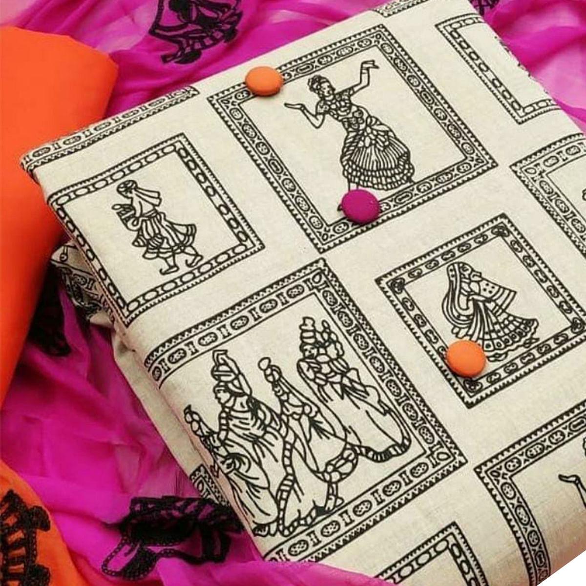 Flattering Beige-Orange Colored Casual Wear Printed Cotton Dress Material - Peachmode