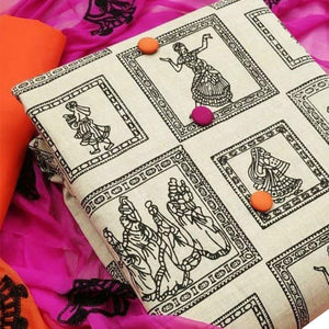 Flattering Beige-Orange Colored Casual Wear Printed Cotton Dress Material - Peachmode